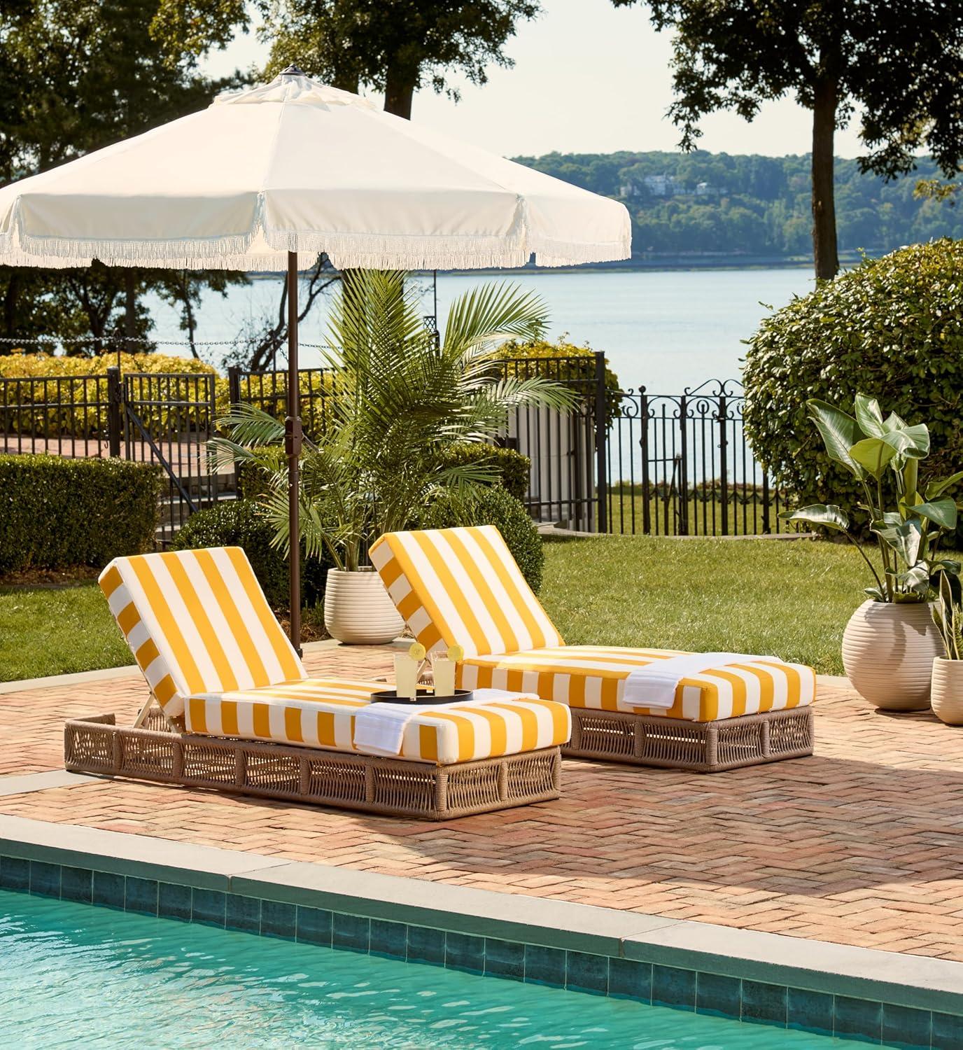 image:imageSAFAVIEH Outdoor Collection Gillian Tan RopeWhite Cushion Chaise Lounge Chair PAT7527AHeather TanYellow Stripe