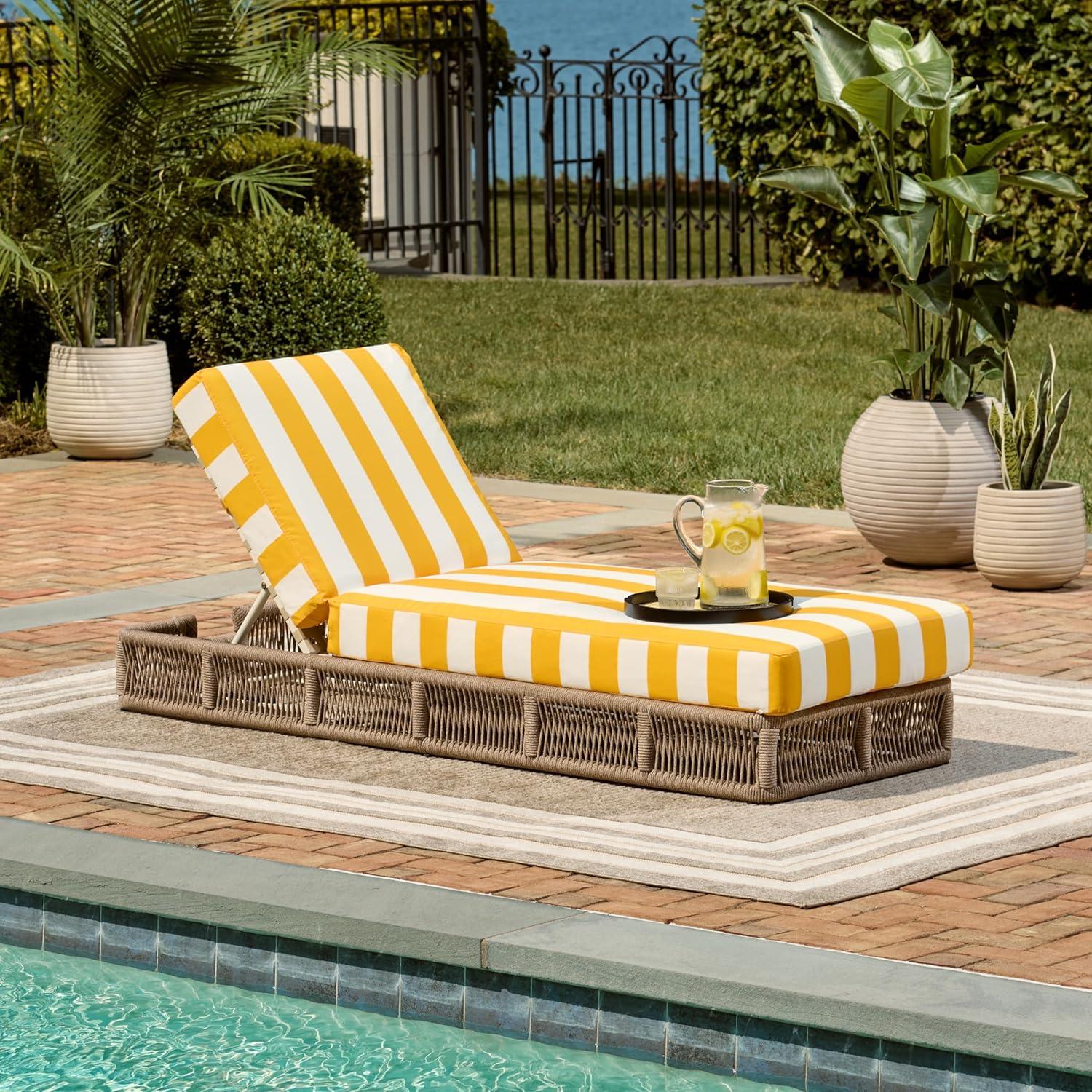 image:imageSAFAVIEH Outdoor Collection Gillian Tan RopeWhite Cushion Chaise Lounge Chair PAT7527AHeather TanYellow Stripe