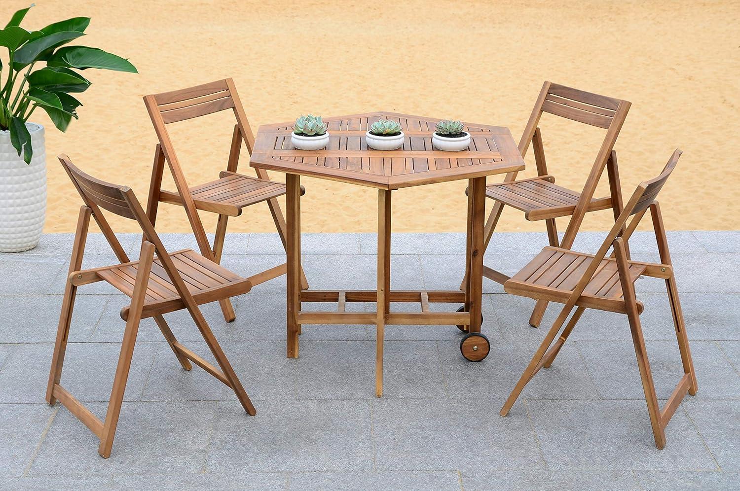 image:imageSAFAVIEH Outdoor Collection Kerman Grey Wash 5Piece Foldable Patio Dining Set Fully AssembledNatural