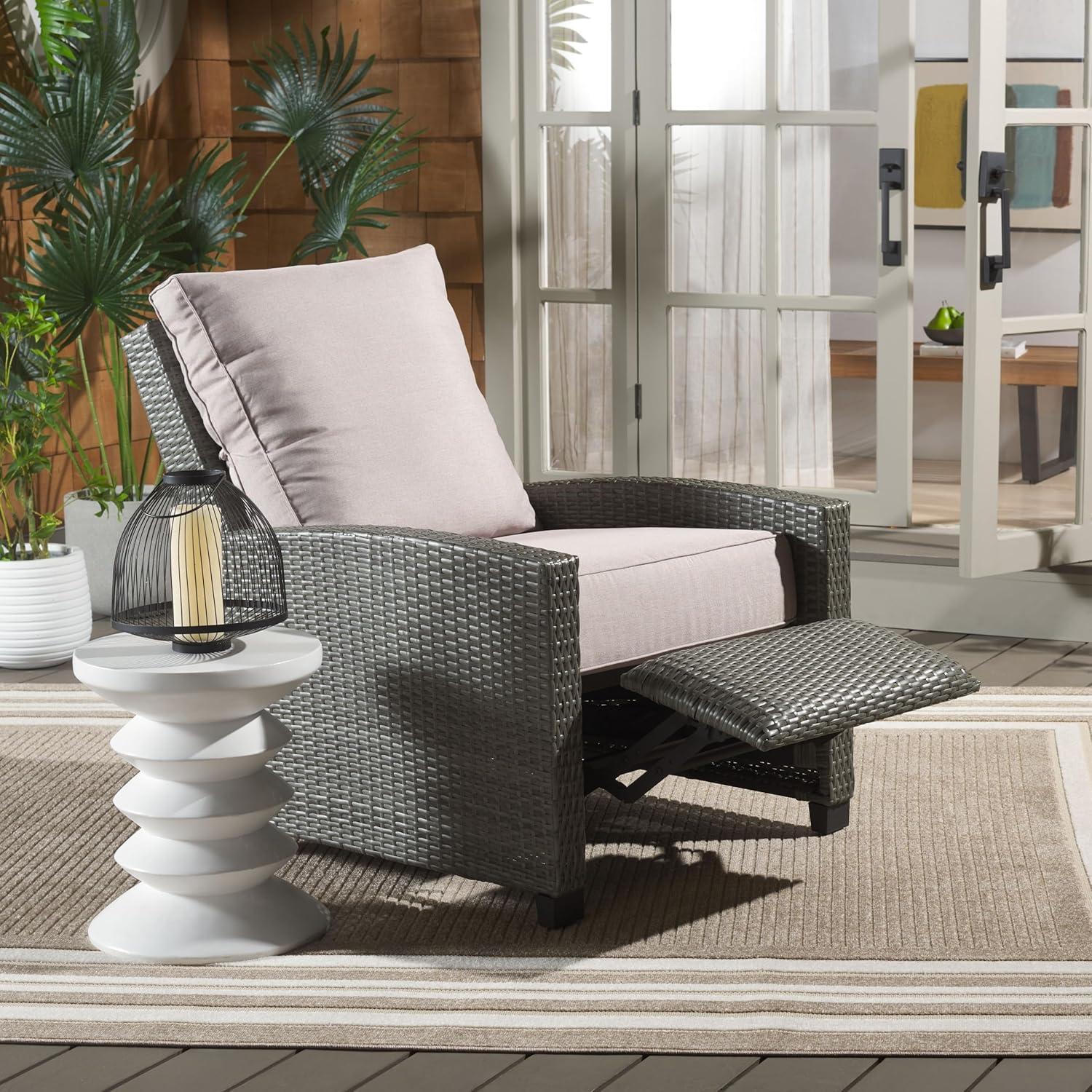 image:imageSAFAVIEH Outdoor Collection Landon NaturalWhite Patio Recliner Chair with CushionGrey BrownLight Grey