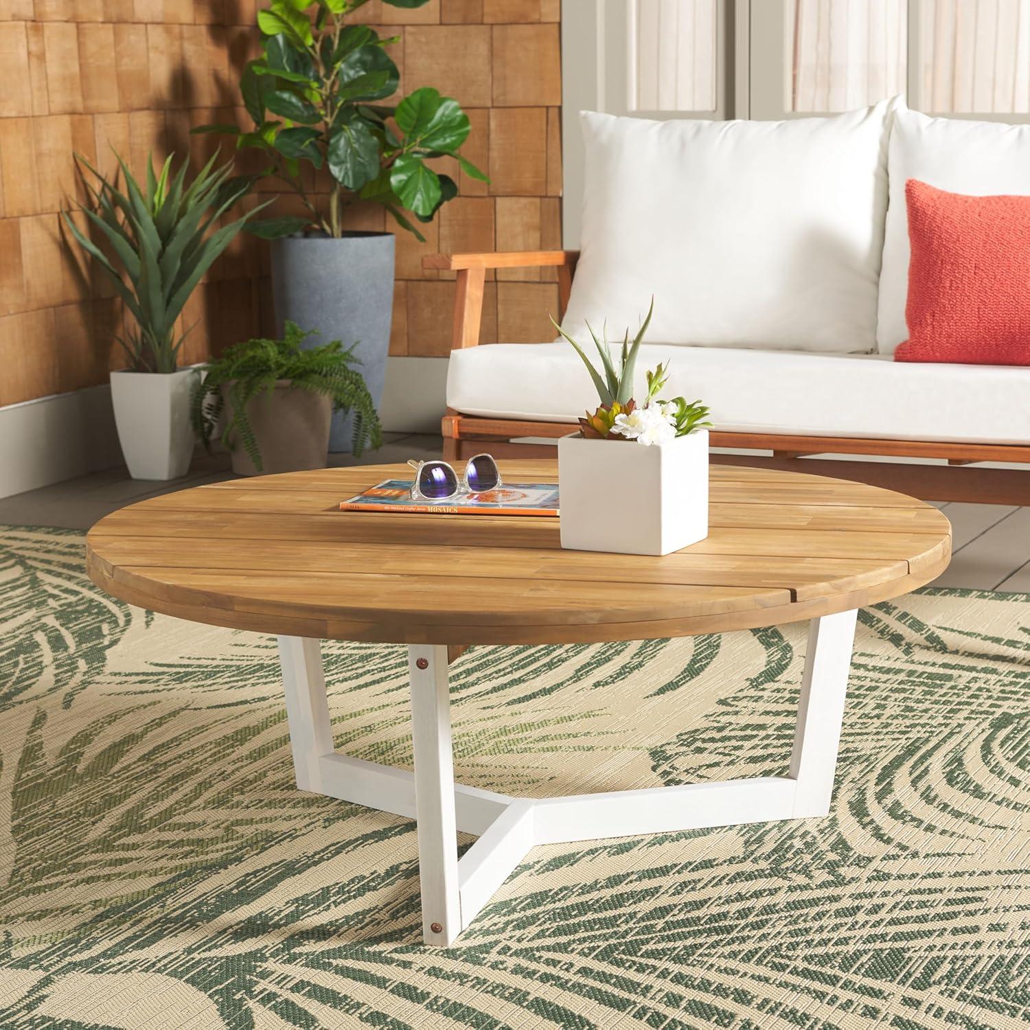 image:imageSAFAVIEH Outdoor Collection Leo NaturalBlack Solid Wood Round Coffee TableNaturalWhite