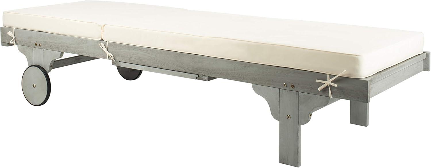 image:imageSAFAVIEH Outdoor Collection Newport Natural Beige Cushion Builtin Side Table Adjustable Chaise Lounge ChairGrey Beige