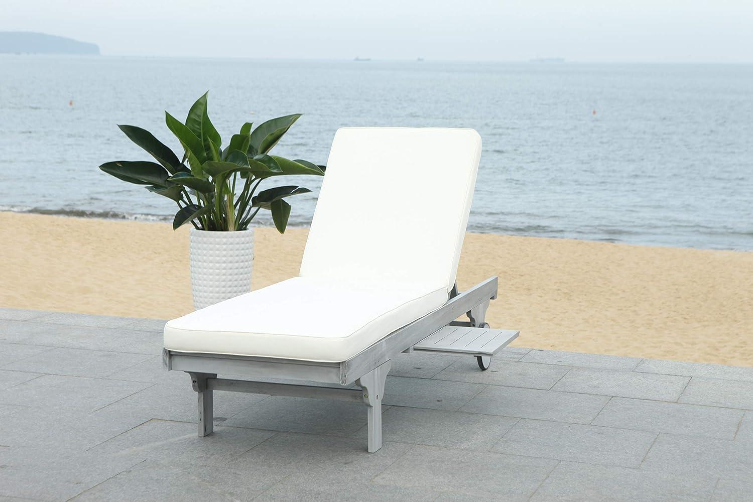 image:imageSAFAVIEH Outdoor Collection Newport Natural Beige Cushion Builtin Side Table Adjustable Chaise Lounge ChairGrey Beige