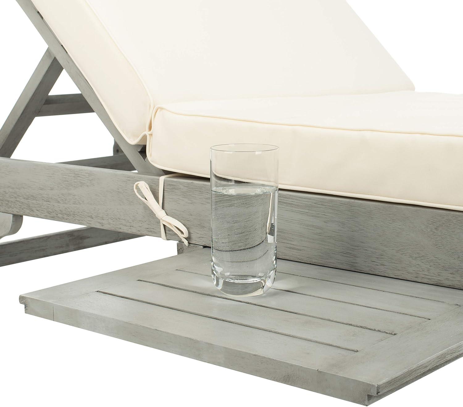 image:imageSAFAVIEH Outdoor Collection Newport Natural Beige Cushion Builtin Side Table Adjustable Chaise Lounge ChairGrey Beige