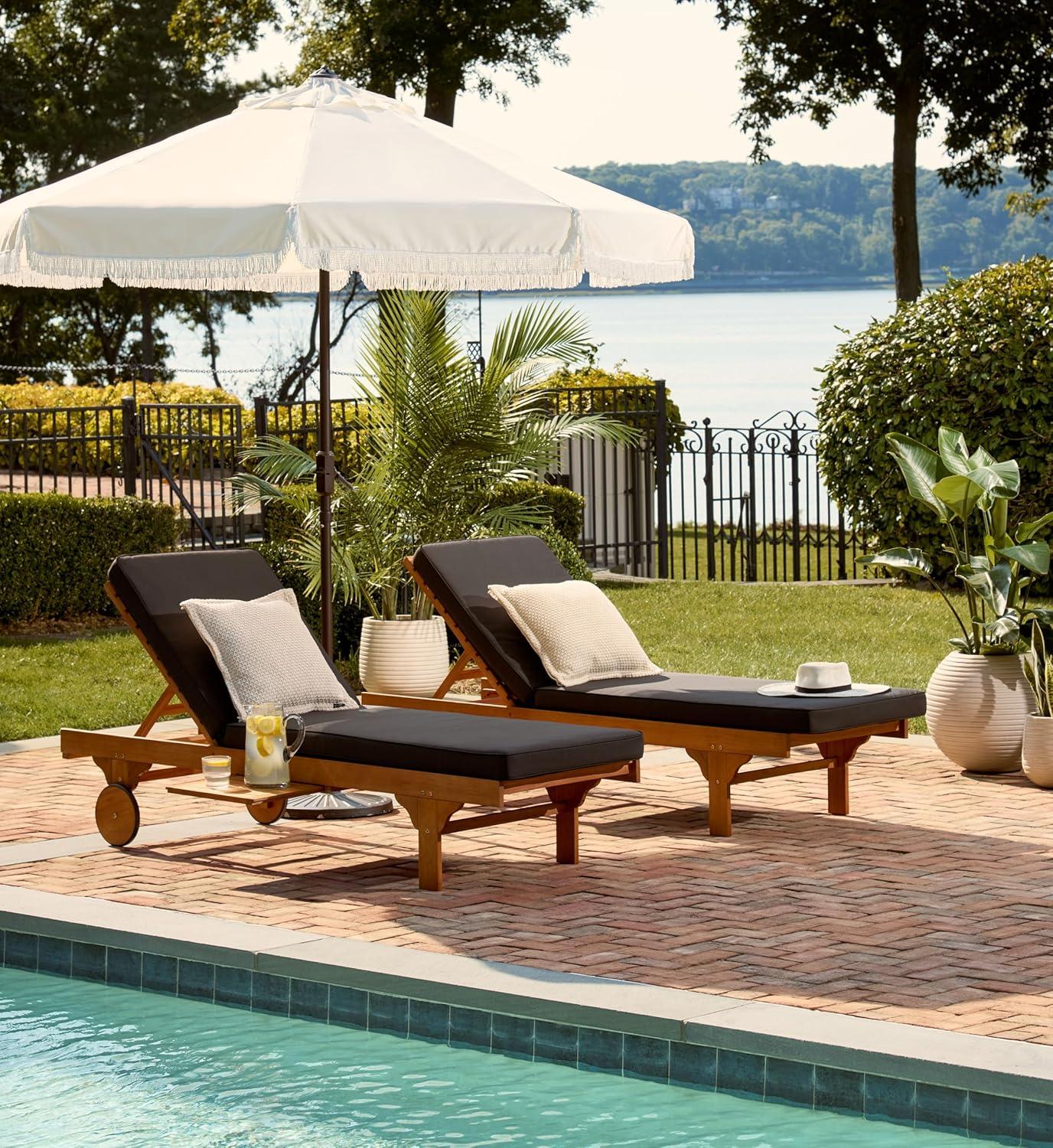 image:imageSAFAVIEH Outdoor Collection Newport Natural Beige Cushion Builtin Side Table Adjustable Chaise Lounge ChairNatural Black