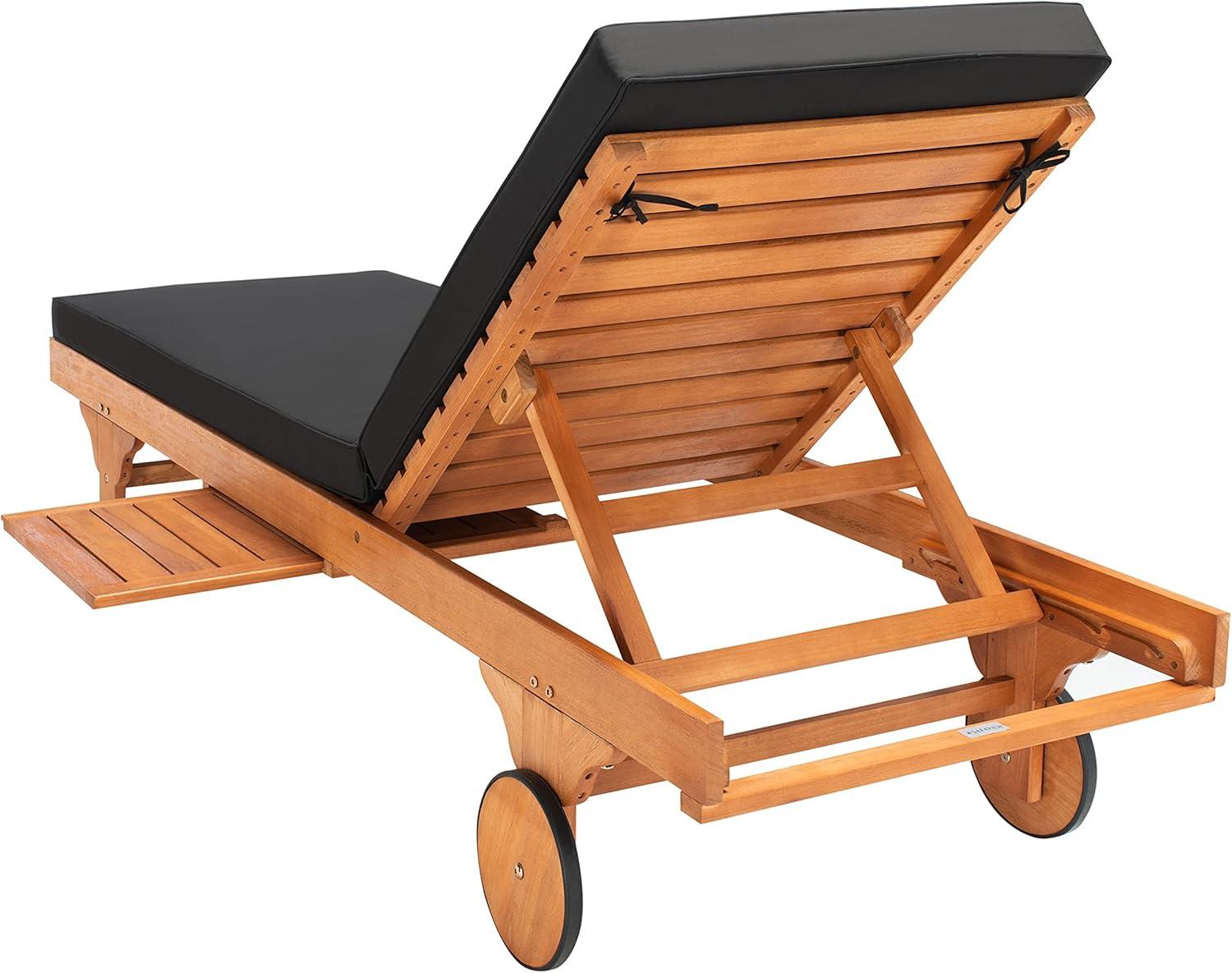 image:imageSAFAVIEH Outdoor Collection Newport Natural Beige Cushion Builtin Side Table Adjustable Chaise Lounge ChairNatural Black