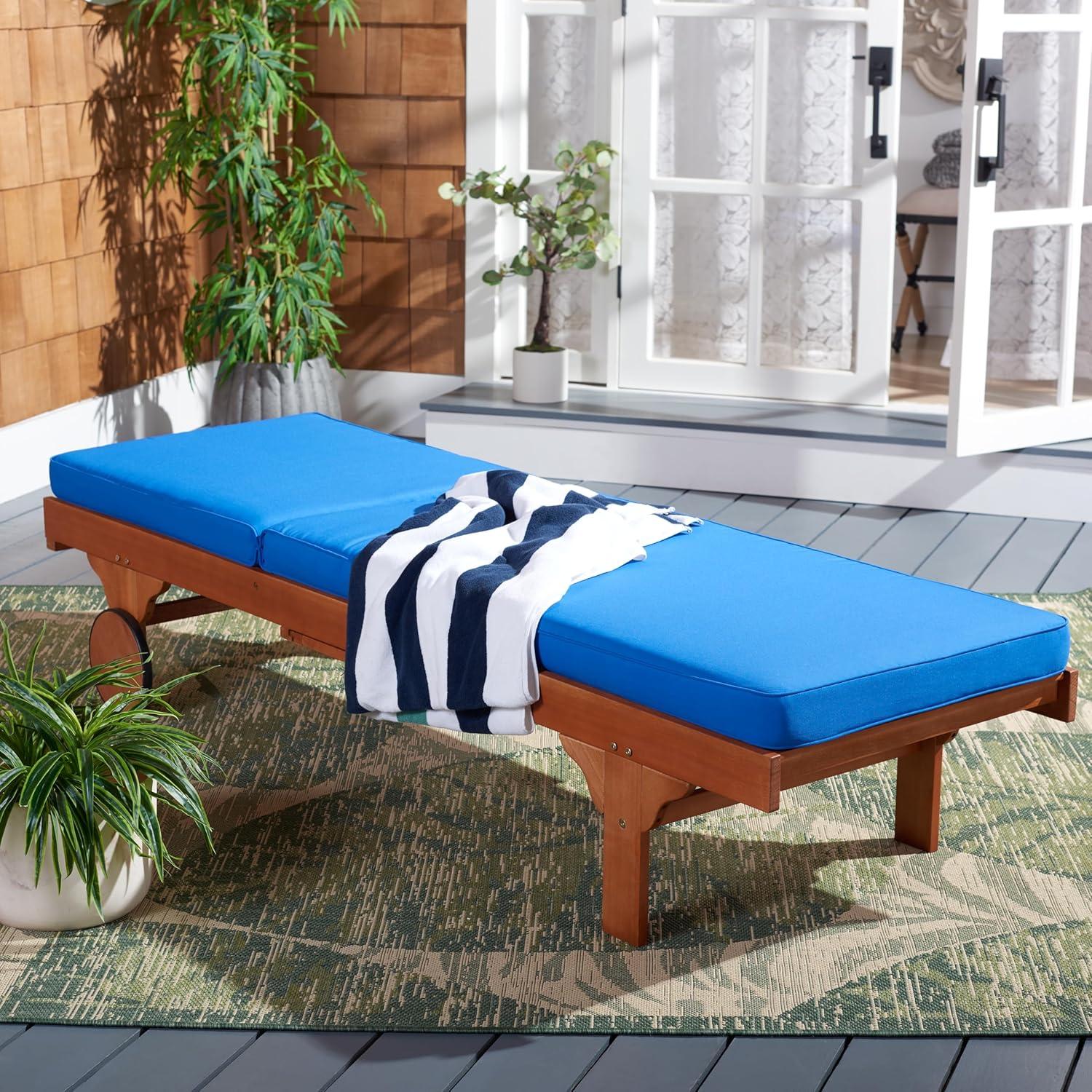 image:imageSAFAVIEH Outdoor Collection Newport Natural Beige Cushion Builtin Side Table Adjustable Chaise Lounge ChairNatural Blue
