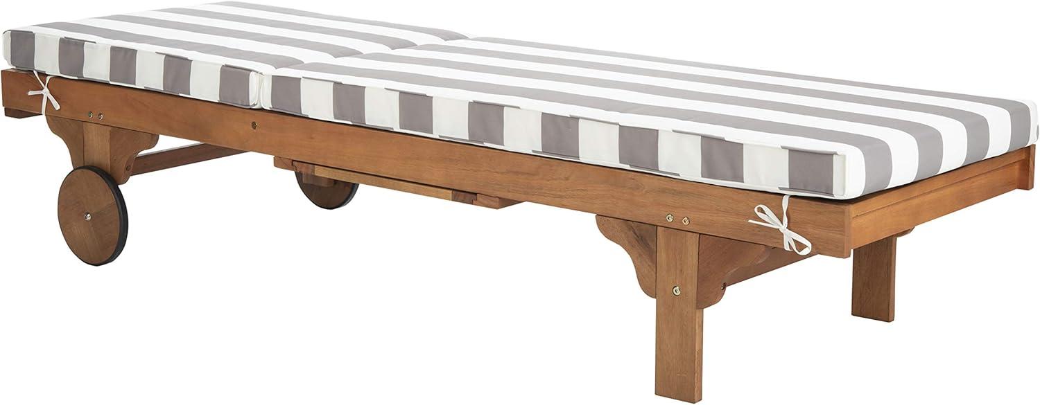 image:imageSAFAVIEH Outdoor Collection Newport Natural Beige Cushion Builtin Side Table Adjustable Chaise Lounge ChairNatural Grey Striped