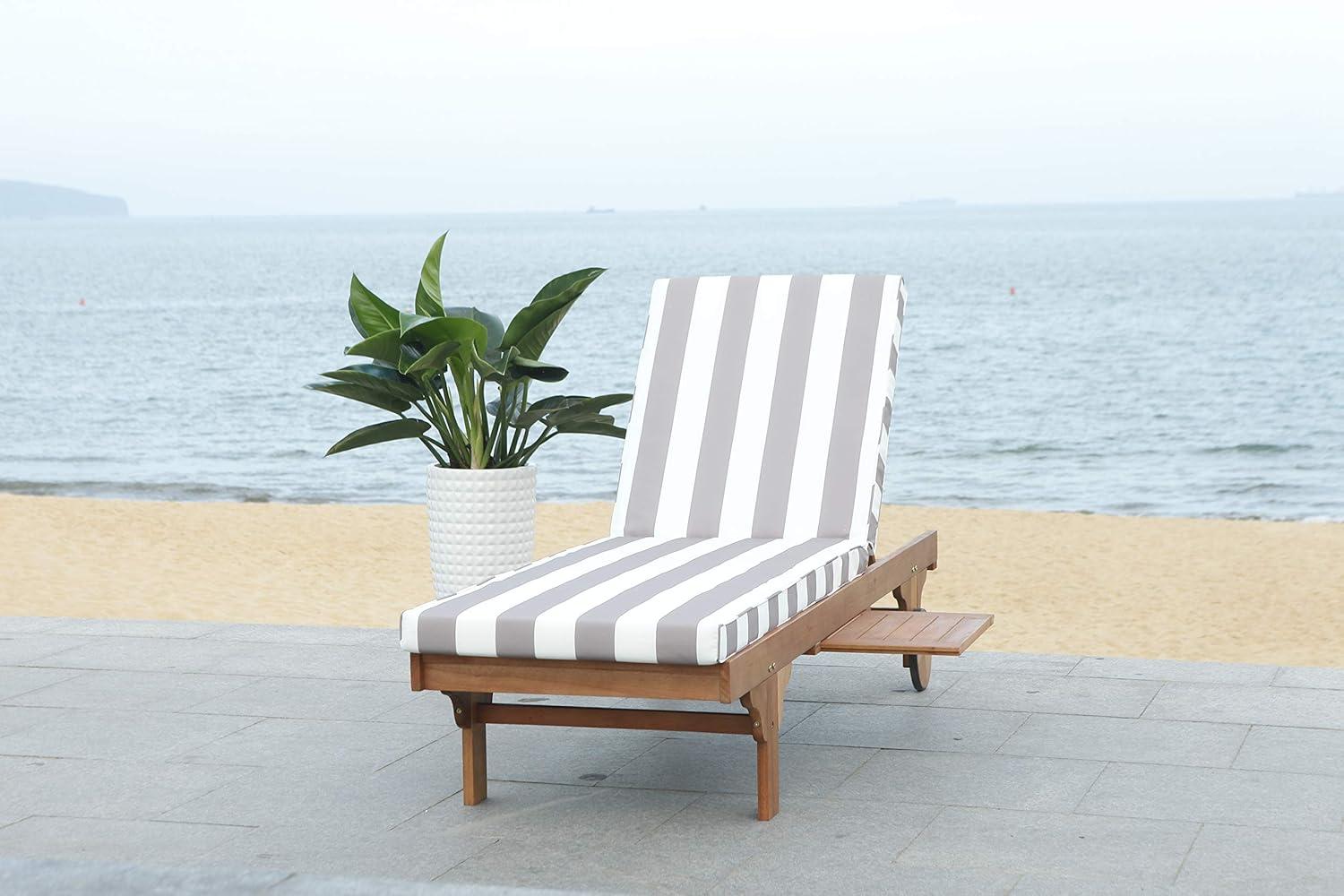 image:imageSAFAVIEH Outdoor Collection Newport Natural Beige Cushion Builtin Side Table Adjustable Chaise Lounge ChairNatural Grey Striped