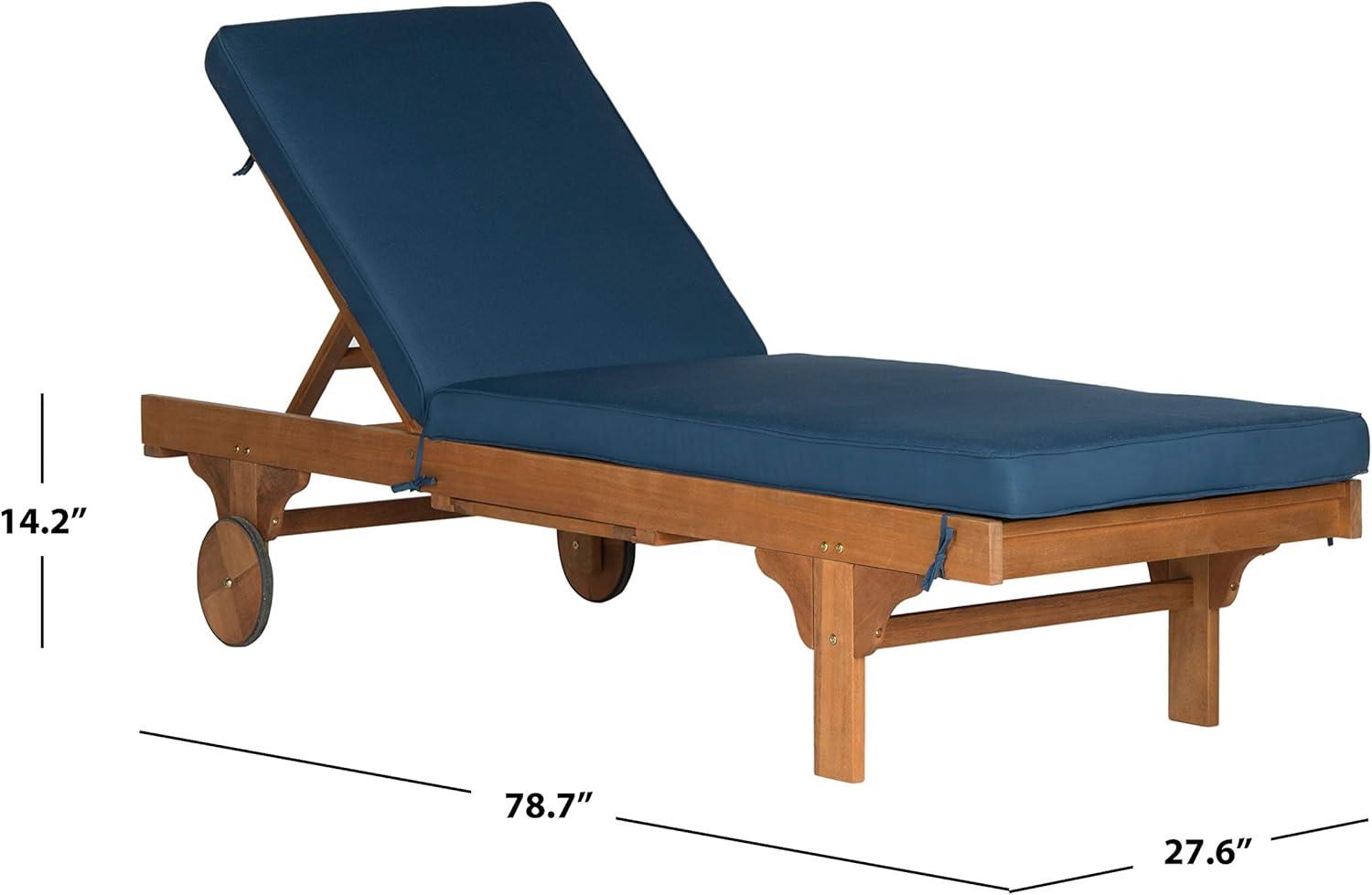 image:imageSAFAVIEH Outdoor Collection Newport Natural Beige Cushion Builtin Side Table Adjustable Chaise Lounge ChairNatural Navy