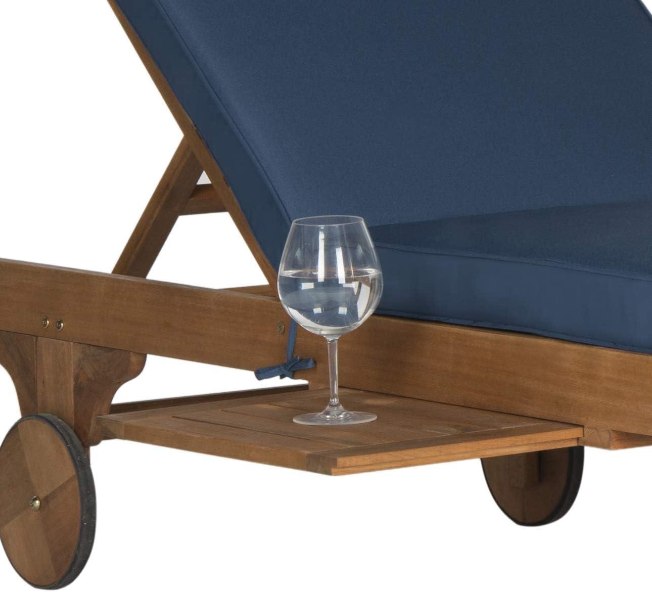 image:imageSAFAVIEH Outdoor Collection Newport Natural Beige Cushion Builtin Side Table Adjustable Chaise Lounge ChairNatural Navy