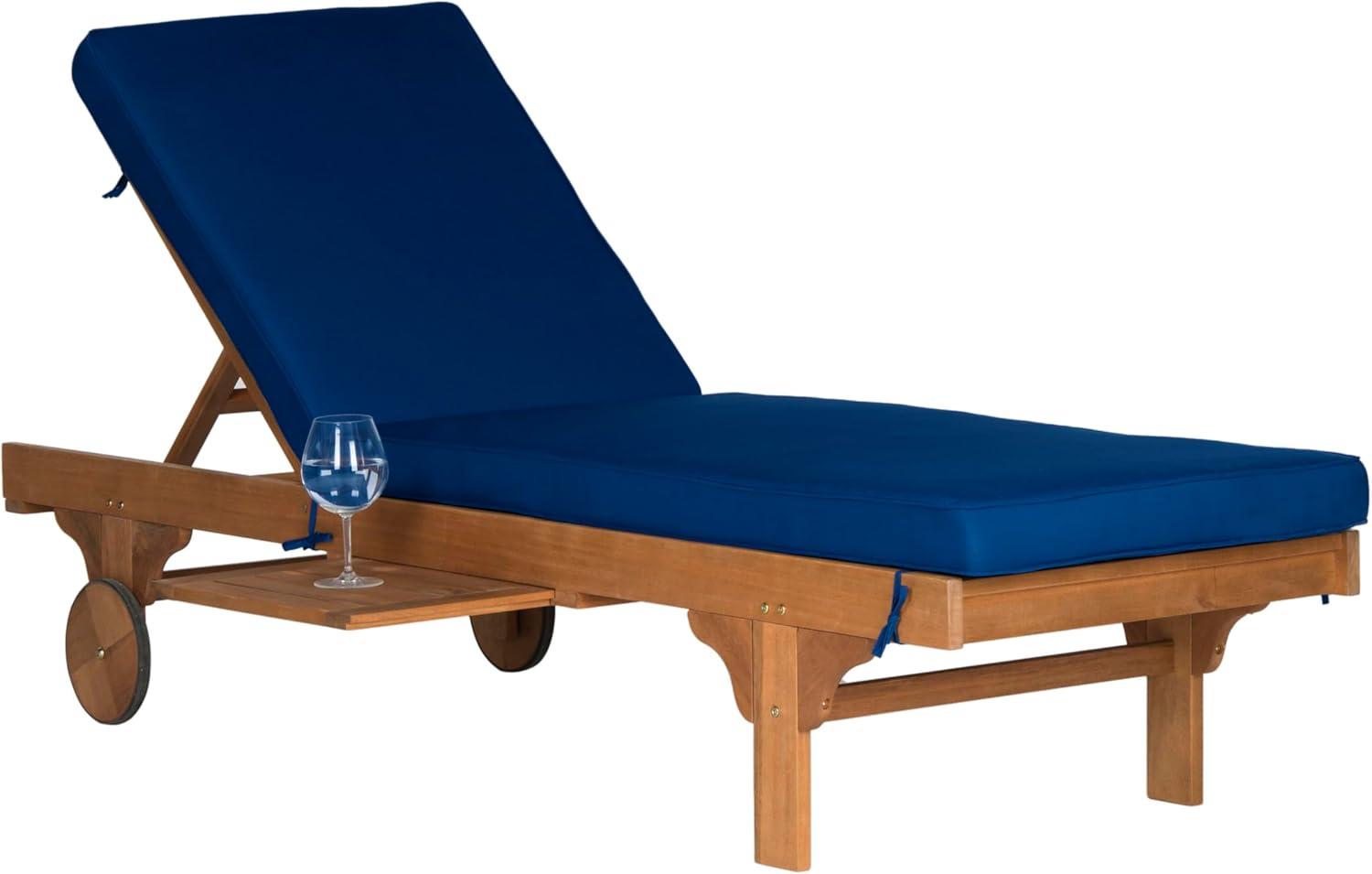 image:imageSAFAVIEH Outdoor Collection Newport Natural Beige Cushion Builtin Side Table Adjustable Chaise Lounge ChairNatural Navy
