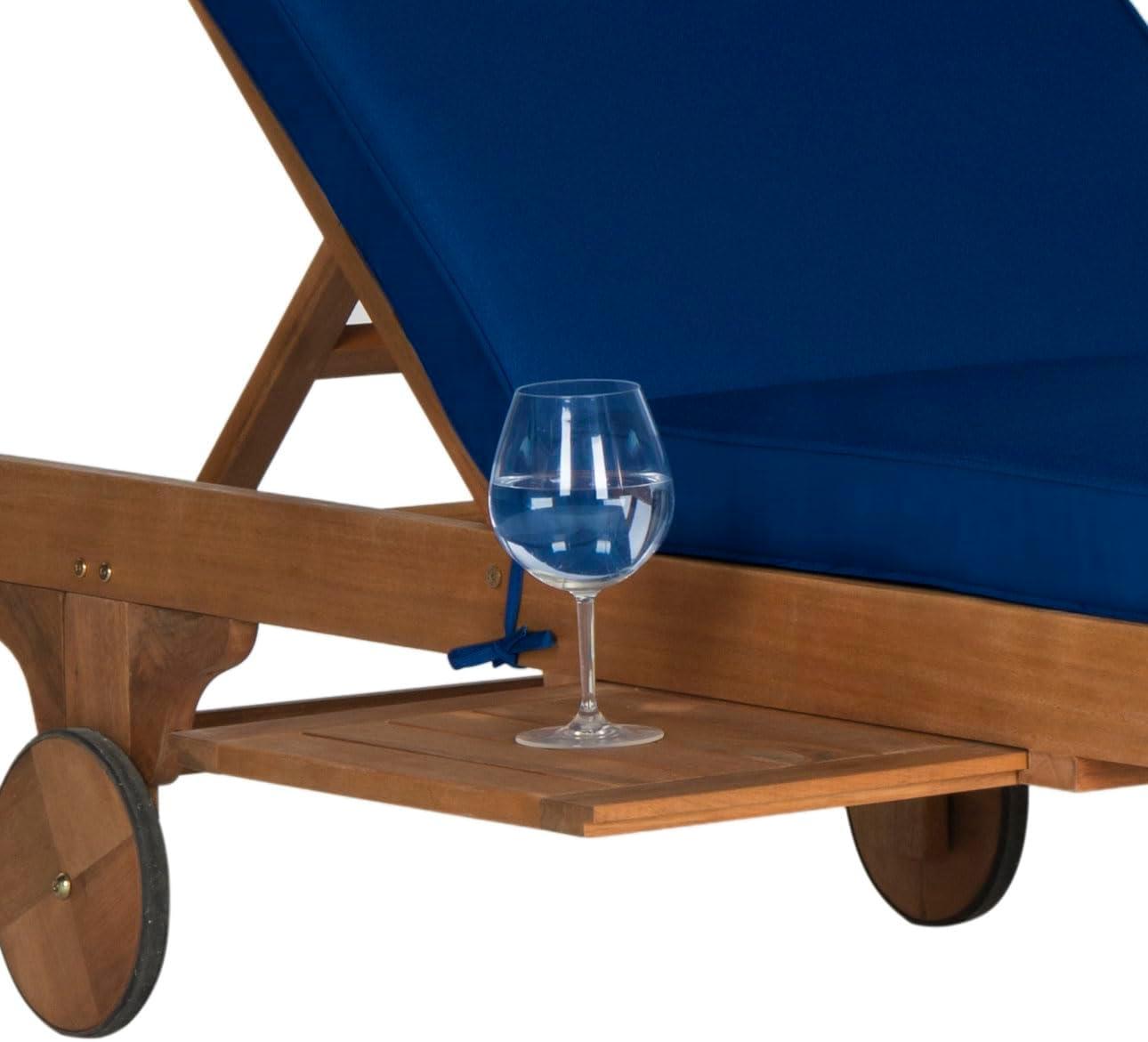image:imageSAFAVIEH Outdoor Collection Newport Natural Beige Cushion Builtin Side Table Adjustable Chaise Lounge ChairNatural Navy
