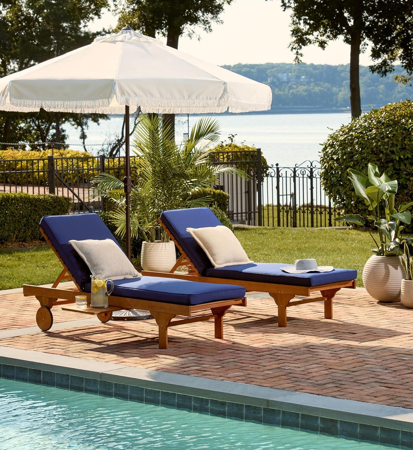 image:imageSAFAVIEH Outdoor Collection Newport Natural Beige Cushion Builtin Side Table Adjustable Chaise Lounge ChairNatural Navy