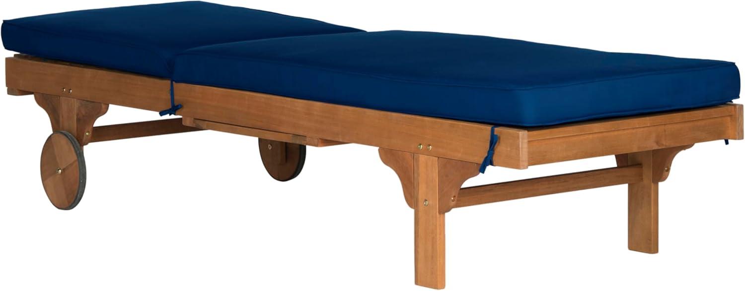 image:imageSAFAVIEH Outdoor Collection Newport Natural Beige Cushion Builtin Side Table Adjustable Chaise Lounge ChairNatural Navy