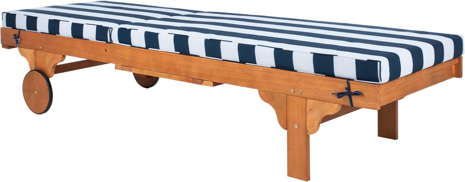 image:imageSAFAVIEH Outdoor Collection Newport Natural Beige Cushion Builtin Side Table Adjustable Chaise Lounge ChairNatural Navy Striped