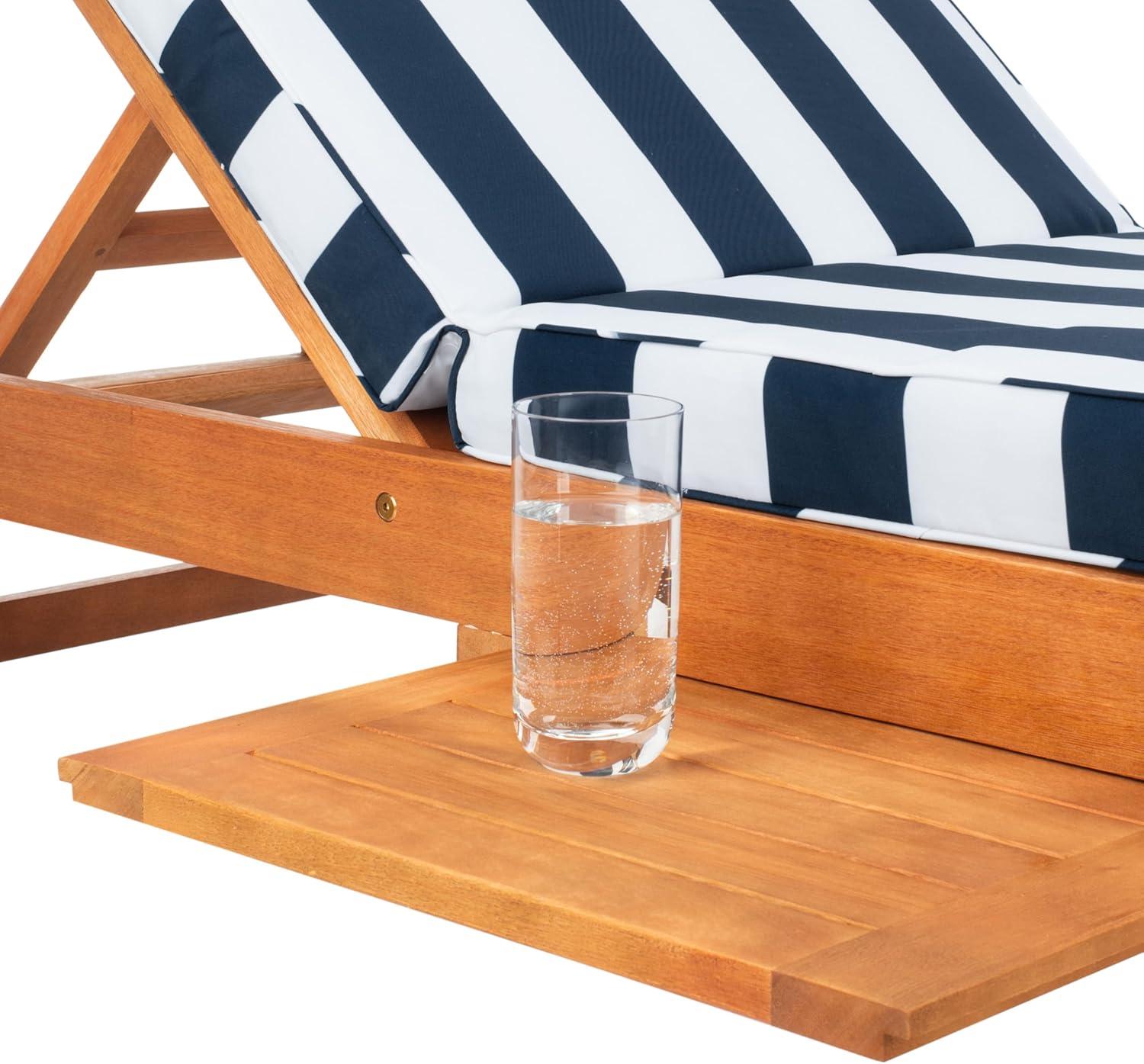 image:imageSAFAVIEH Outdoor Collection Newport Natural Beige Cushion Builtin Side Table Adjustable Chaise Lounge ChairNatural Navy Striped