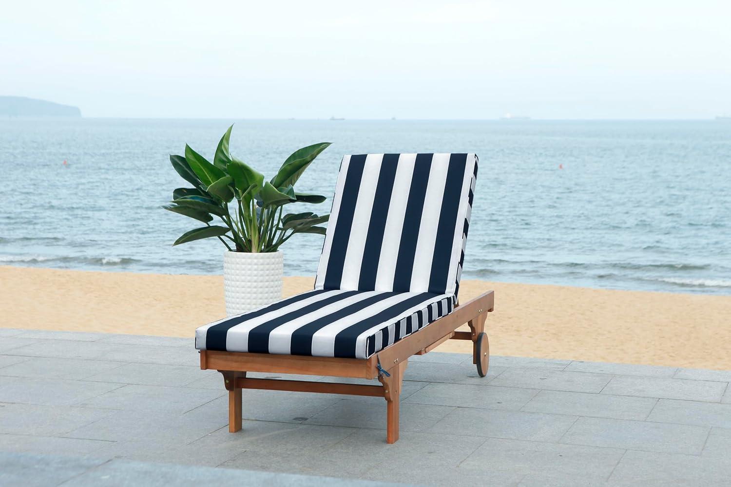 image:imageSAFAVIEH Outdoor Collection Newport Natural Beige Cushion Builtin Side Table Adjustable Chaise Lounge ChairNatural Navy Striped