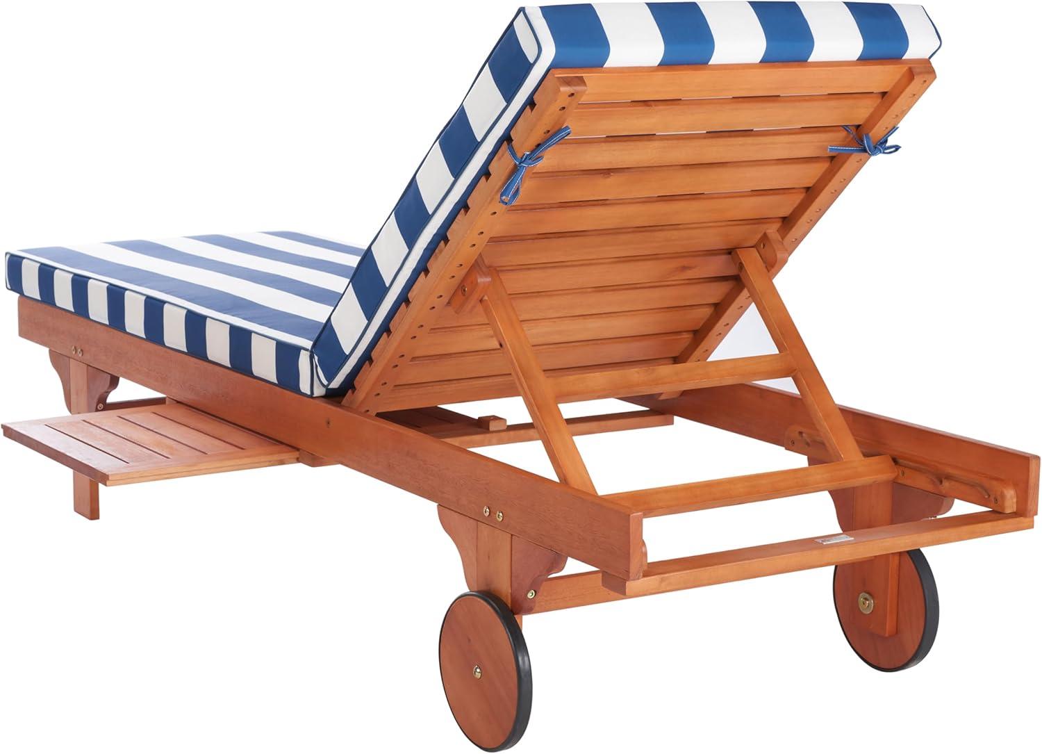 image:imageSAFAVIEH Outdoor Collection Newport Natural Beige Cushion Builtin Side Table Adjustable Chaise Lounge ChairNatural Royal Blue Striped