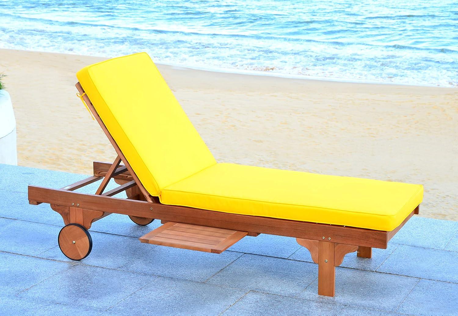 image:imageSAFAVIEH Outdoor Collection Newport Natural Beige Cushion Builtin Side Table Adjustable Chaise Lounge ChairNatural Yellow