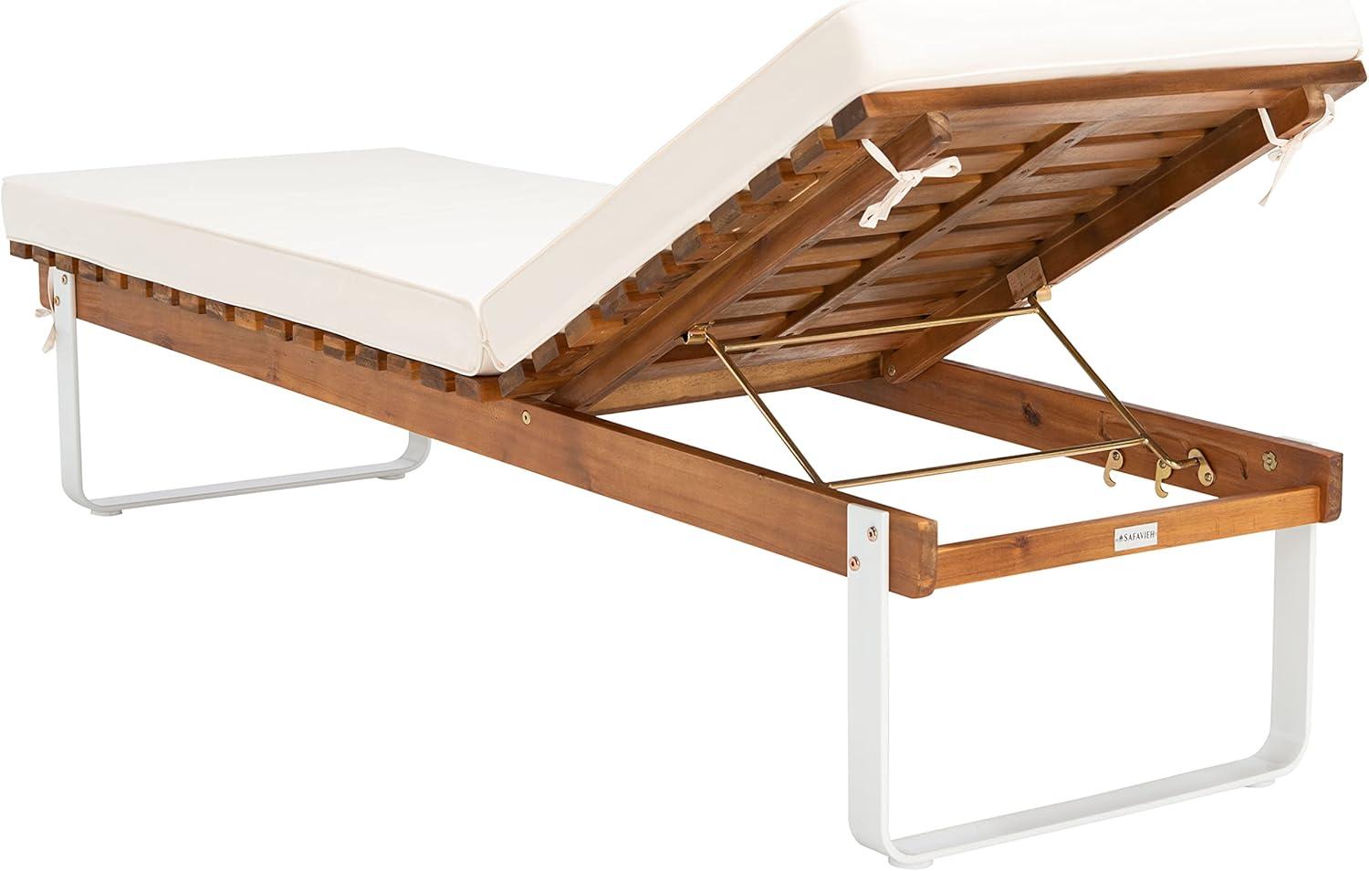 image:imageSAFAVIEH Outdoor Collection Nuca Natural Brown Solid WoodWhite LegsWhite Cushion Chaise Lounge Chair PAT7084A