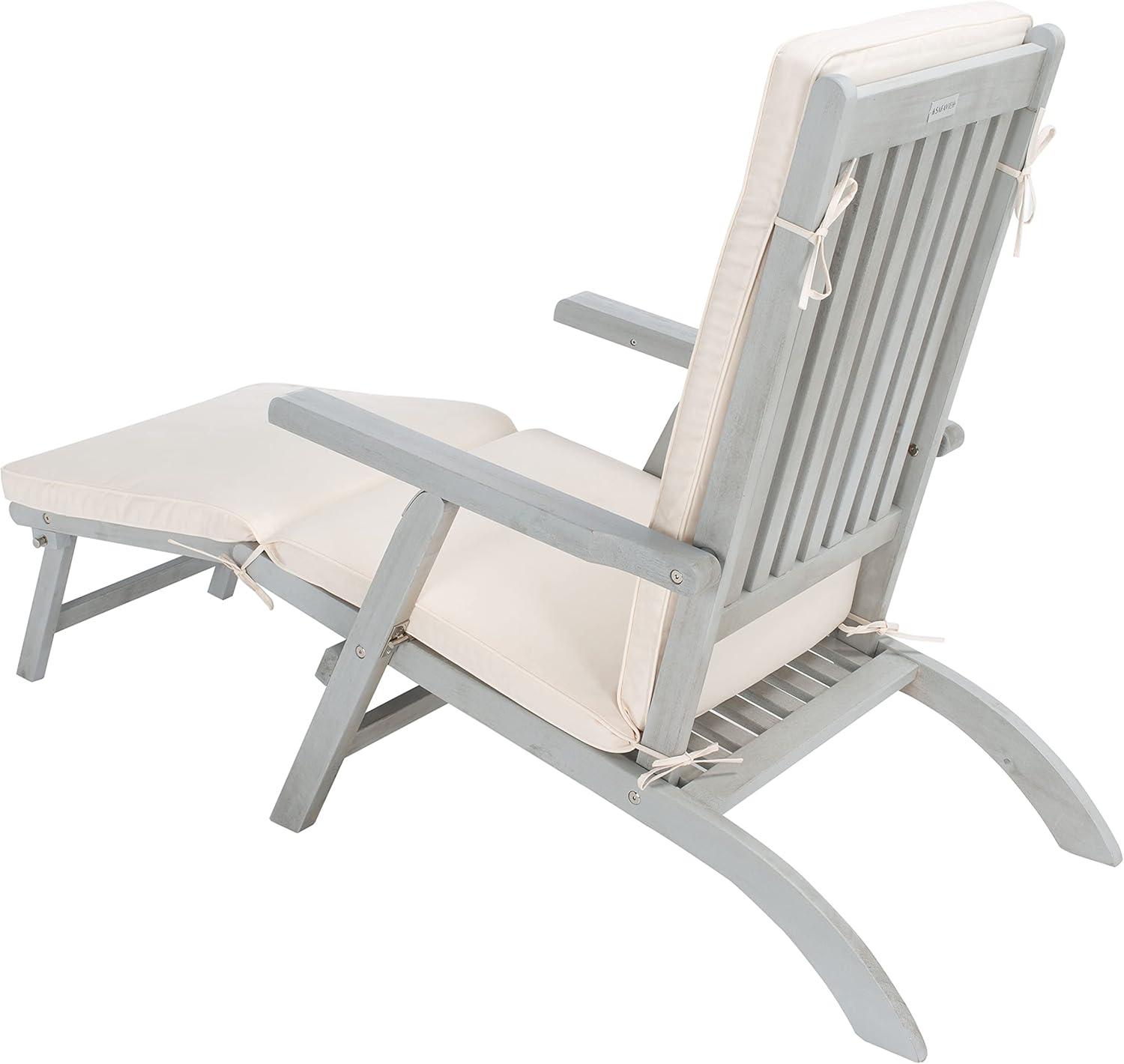 image:imageSAFAVIEH Outdoor Collection Palmdale Grey Solid WoodNavy Cushion Chaise Lounge Chair PAT7015BGreyBeige