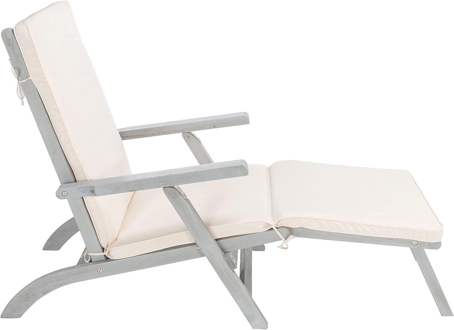 image:imageSAFAVIEH Outdoor Collection Palmdale Grey Solid WoodNavy Cushion Chaise Lounge Chair PAT7015BGreyBeige
