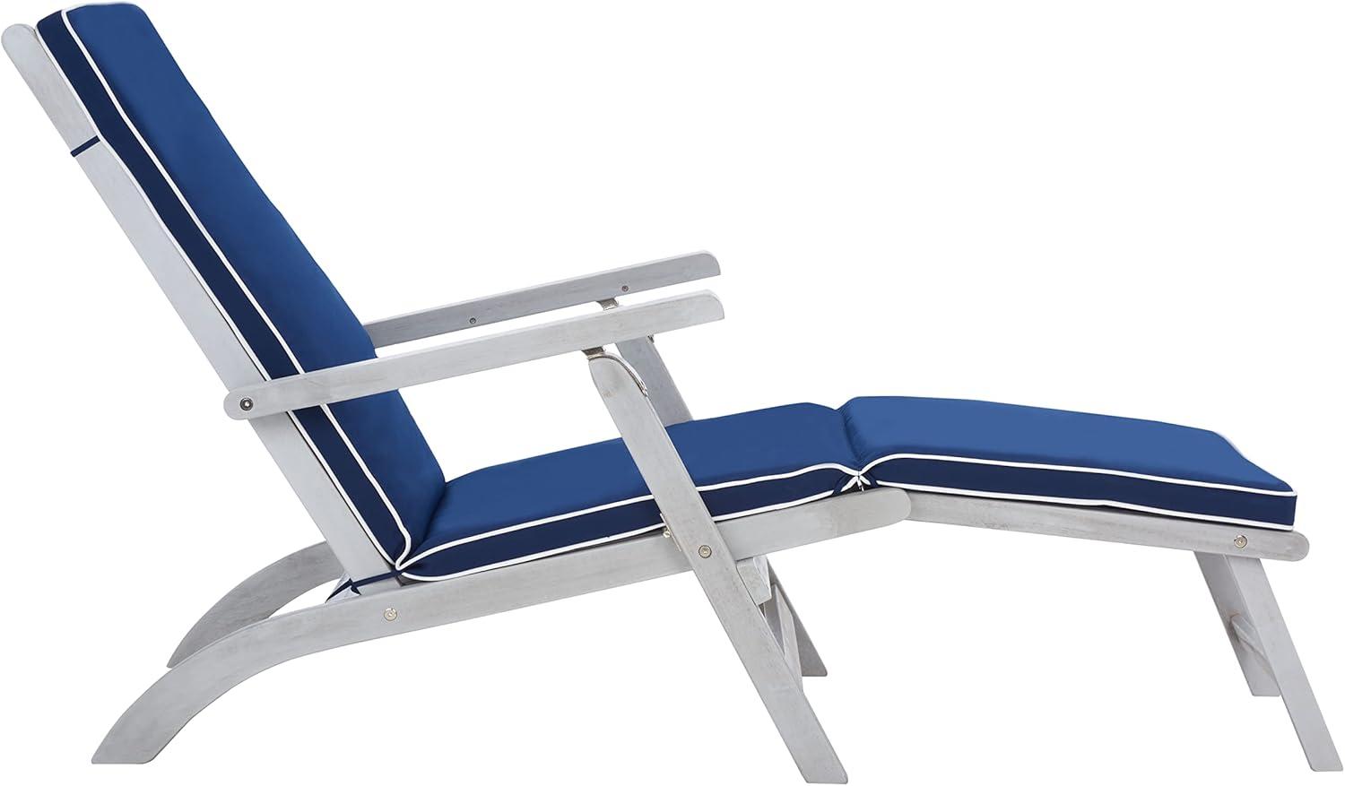 image:imageSAFAVIEH Outdoor Collection Palmdale Grey Solid WoodNavy Cushion Chaise Lounge Chair PAT7015BGreyNavy