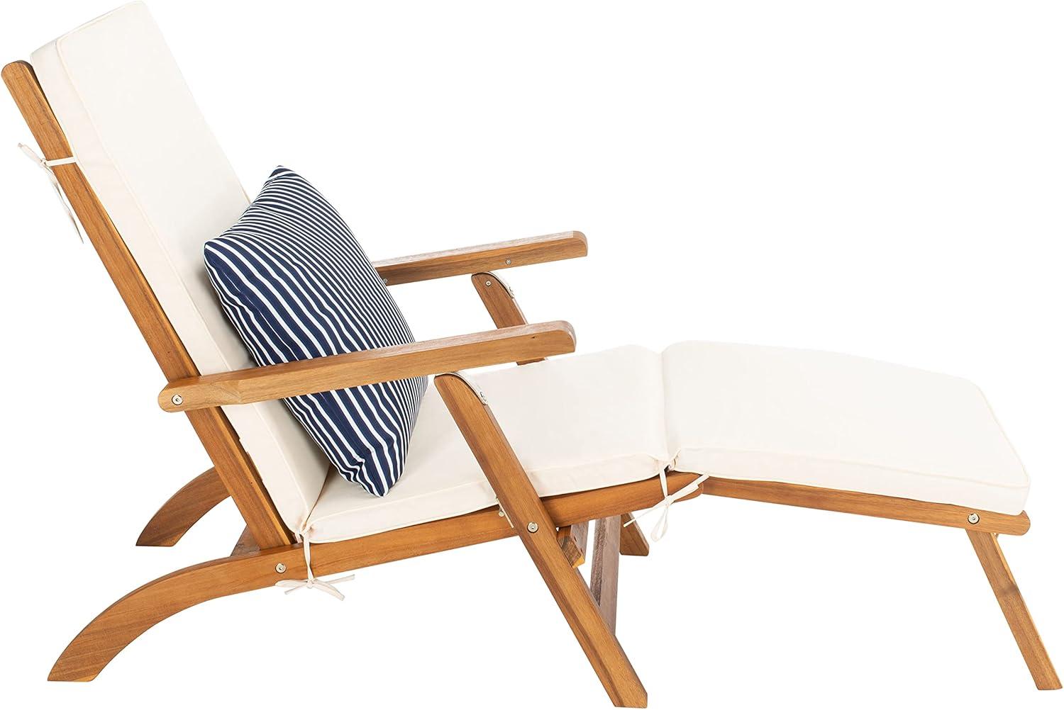 image:imageSAFAVIEH Outdoor Collection Palmdale Grey Solid WoodNavy Cushion Chaise Lounge Chair PAT7015BNaturalBeige Thin Stripe