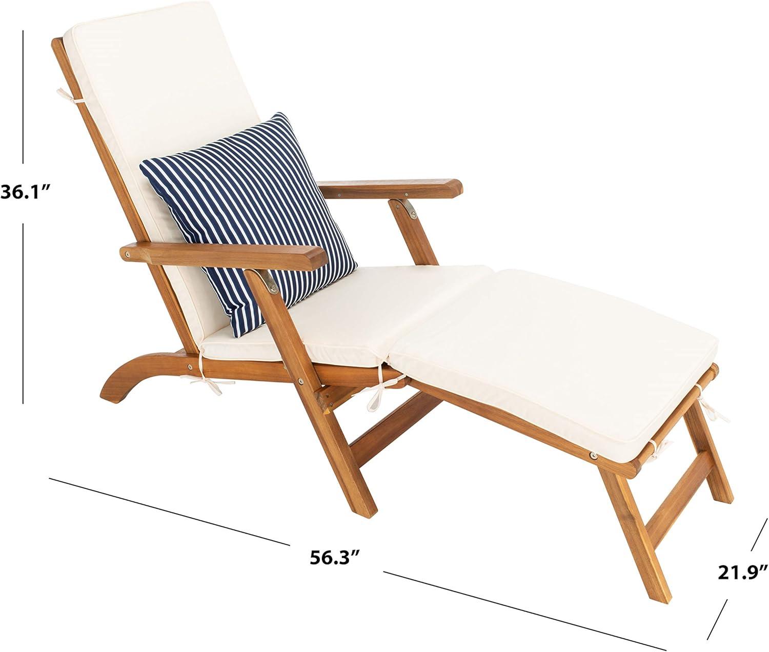 image:imageSAFAVIEH Outdoor Collection Palmdale Grey Solid WoodNavy Cushion Chaise Lounge Chair PAT7015BNaturalBeige Thin Stripe