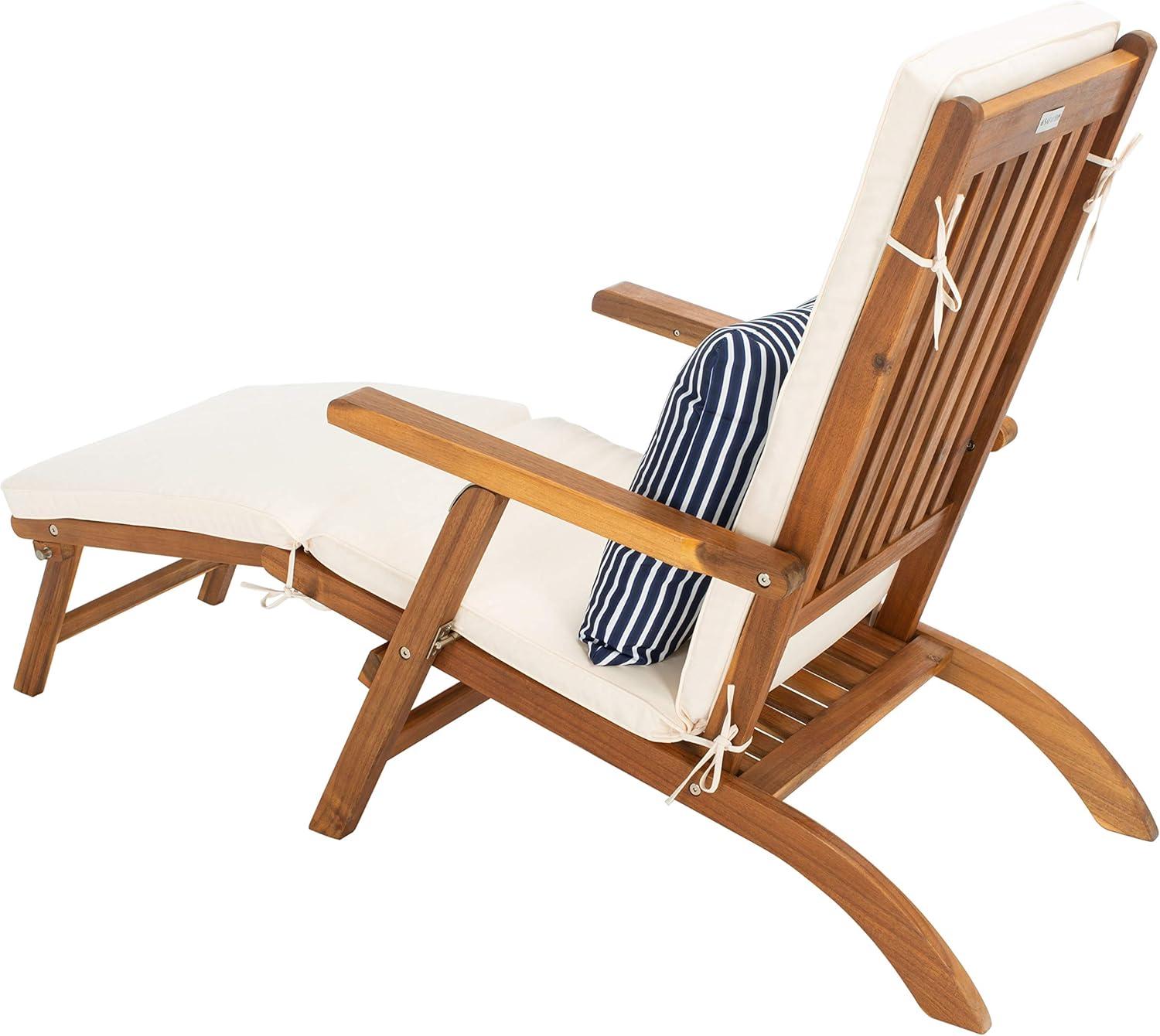 image:imageSAFAVIEH Outdoor Collection Palmdale Grey Solid WoodNavy Cushion Chaise Lounge Chair PAT7015BNaturalBeige Thin Stripe