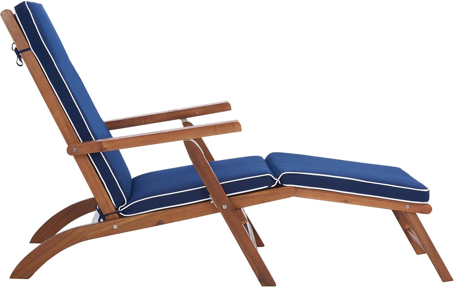 image:imageSAFAVIEH Outdoor Collection Palmdale Grey Solid WoodNavy Cushion Chaise Lounge Chair PAT7015BNaturalNavy