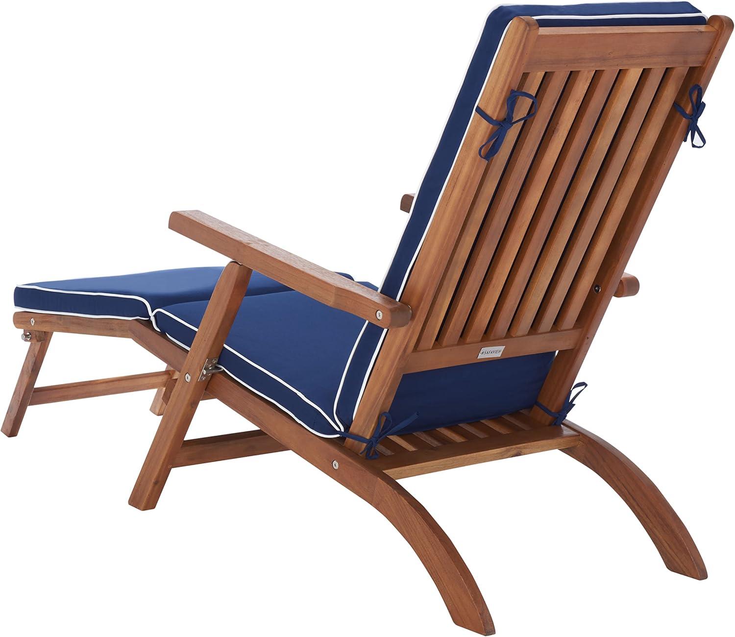 image:imageSAFAVIEH Outdoor Collection Palmdale Grey Solid WoodNavy Cushion Chaise Lounge Chair PAT7015BNaturalNavy