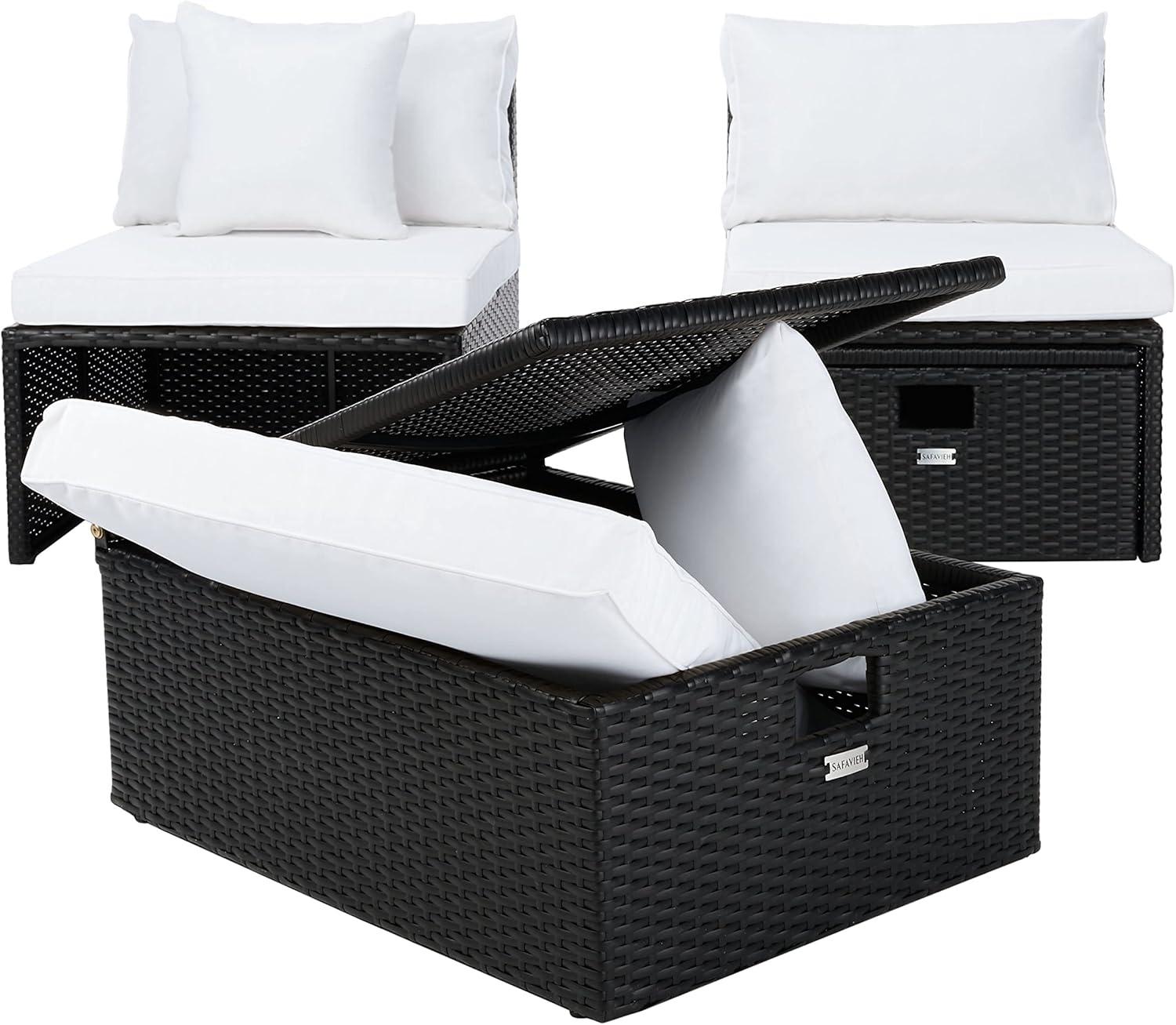 image:imageSAFAVIEH Outdoor Collection Pramla Grey BrownWhite Cushion Settee with Storage Ottoman Set of 2 PAT7515CBlack Beige