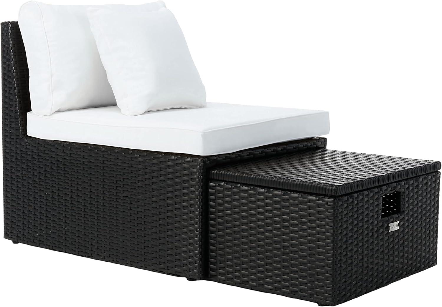 image:imageSAFAVIEH Outdoor Collection Pramla Grey BrownWhite Cushion Settee with Storage Ottoman Set of 2 PAT7515CBlack Beige