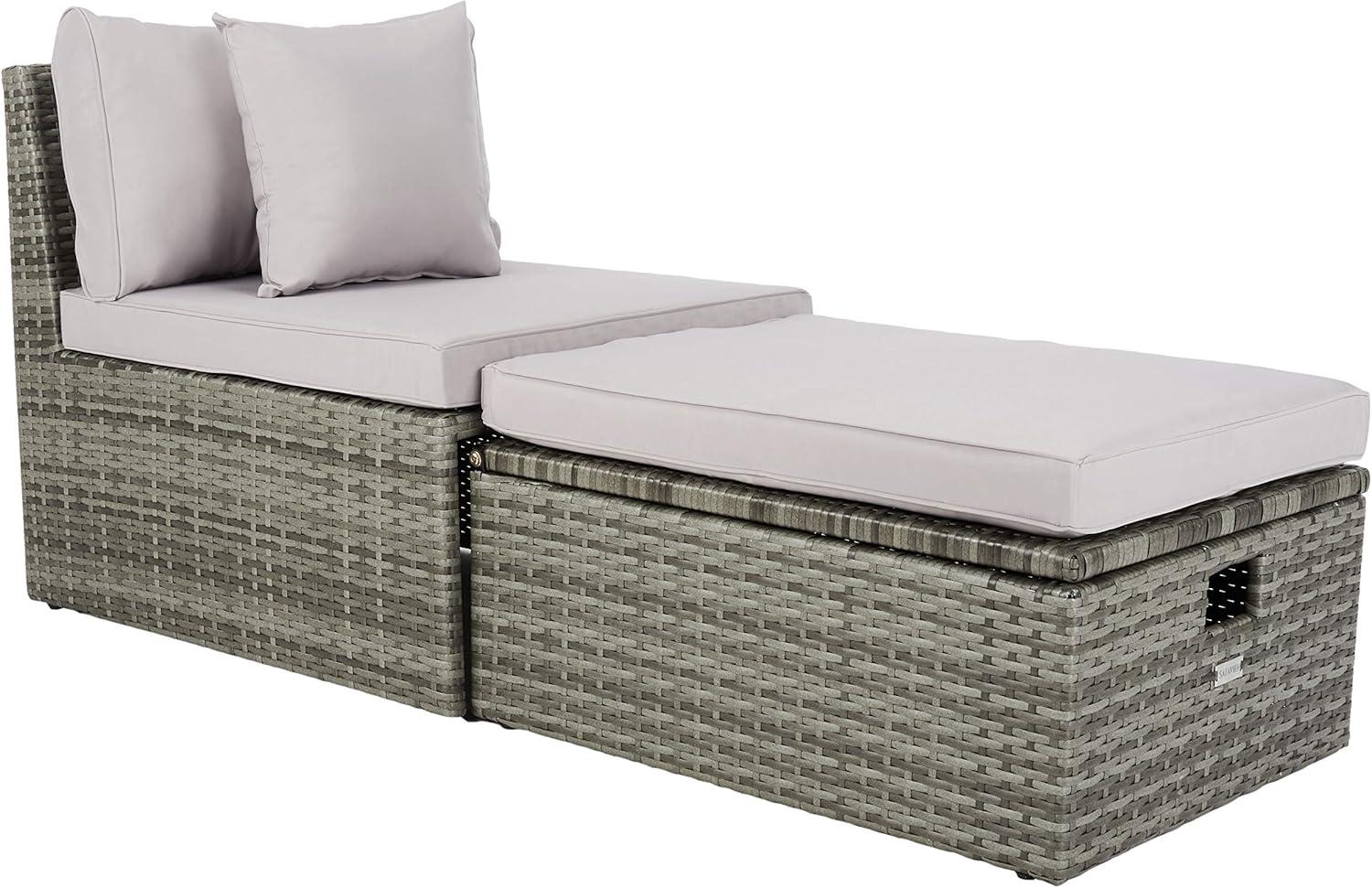 image:imageSAFAVIEH Outdoor Collection Pramla Grey BrownWhite Cushion Settee with Storage Ottoman Set of 2 PAT7515CGrey Grey