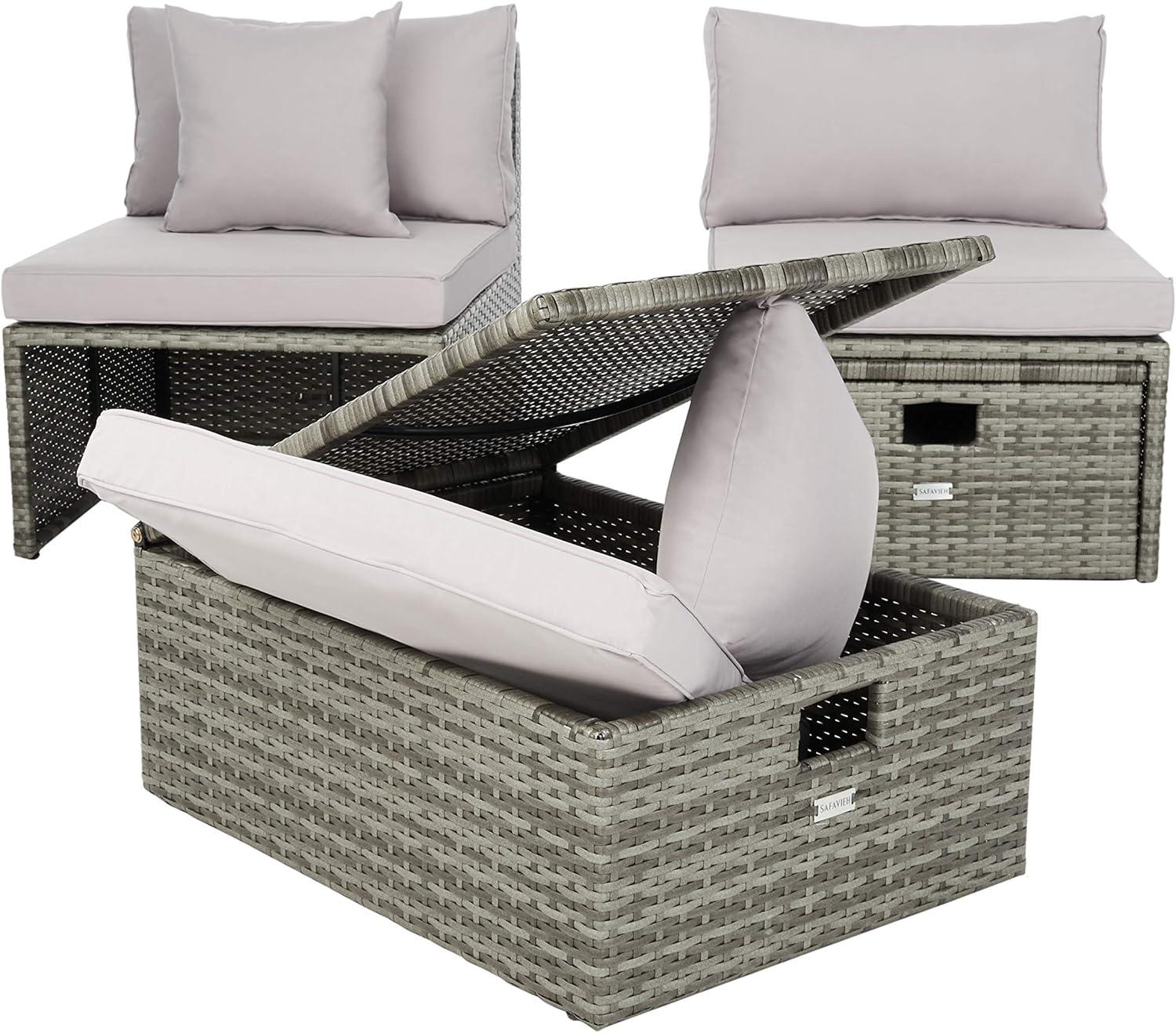 image:imageSAFAVIEH Outdoor Collection Pramla Grey BrownWhite Cushion Settee with Storage Ottoman Set of 2 PAT7515CGrey Grey