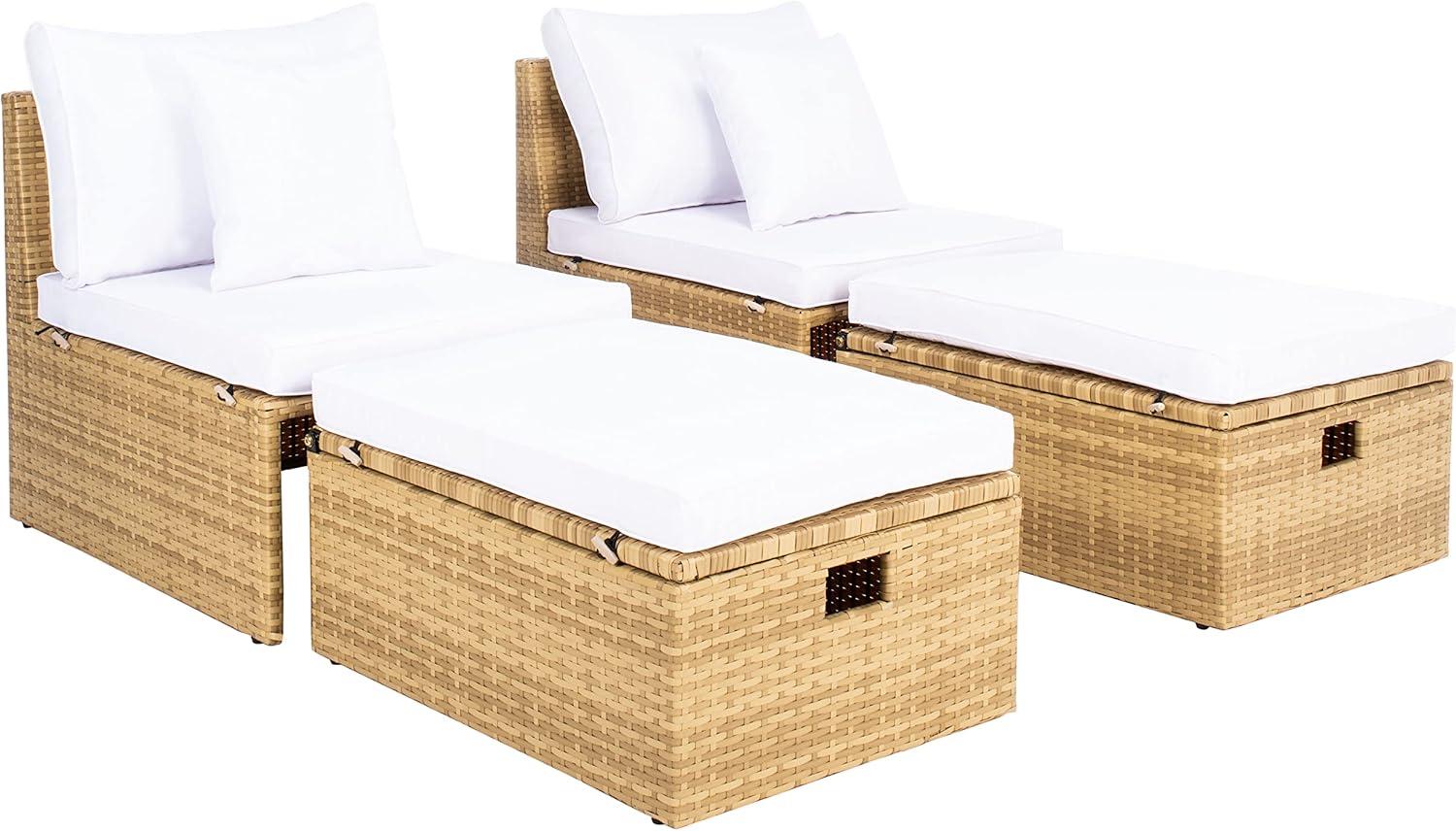 image:imageSAFAVIEH Outdoor Collection Pramla Grey BrownWhite Cushion Settee with Storage Ottoman Set of 2 PAT7515CNatural White