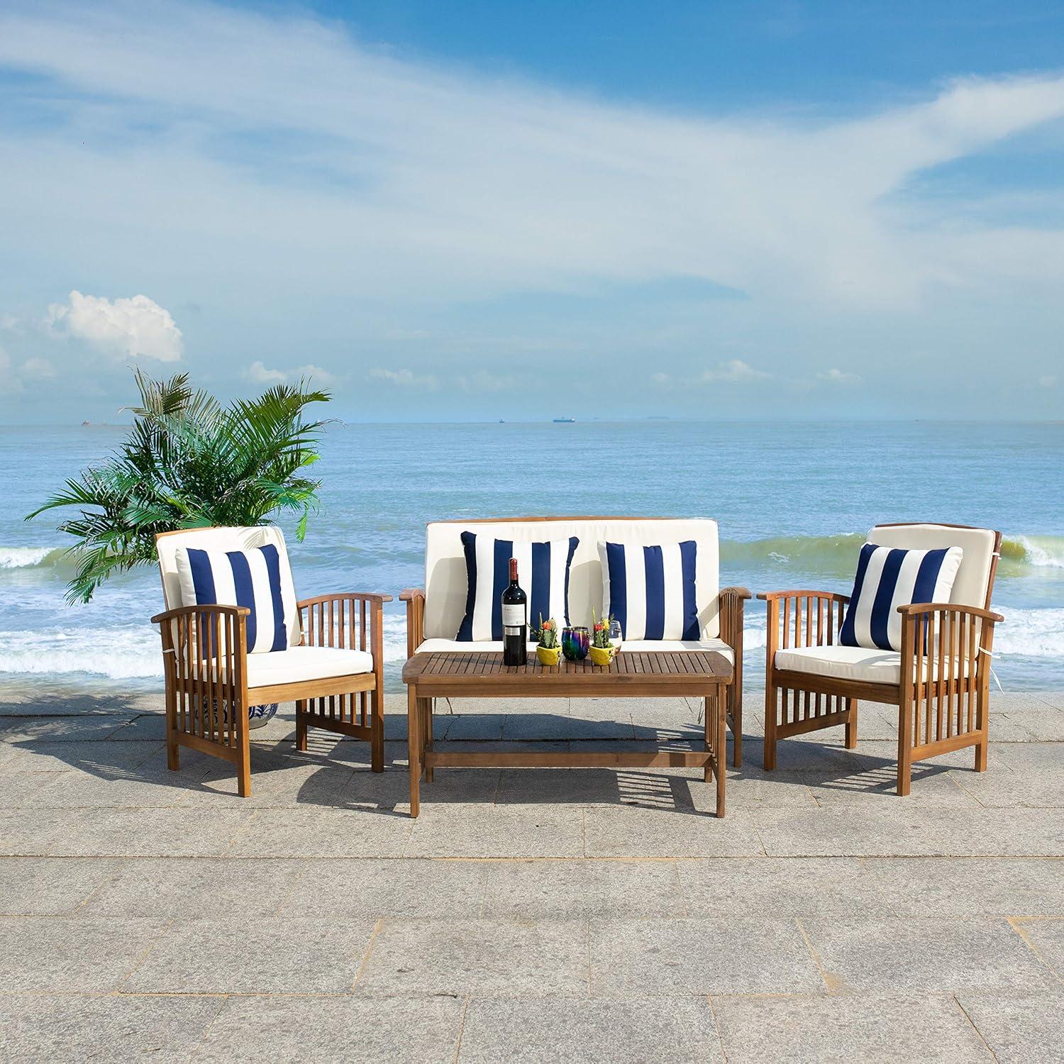 image:imageSAFAVIEH Outdoor Collection Rocklin Natural Green Cushion 4Piece Conversation Patio SetNaturalBeigeThickstripe