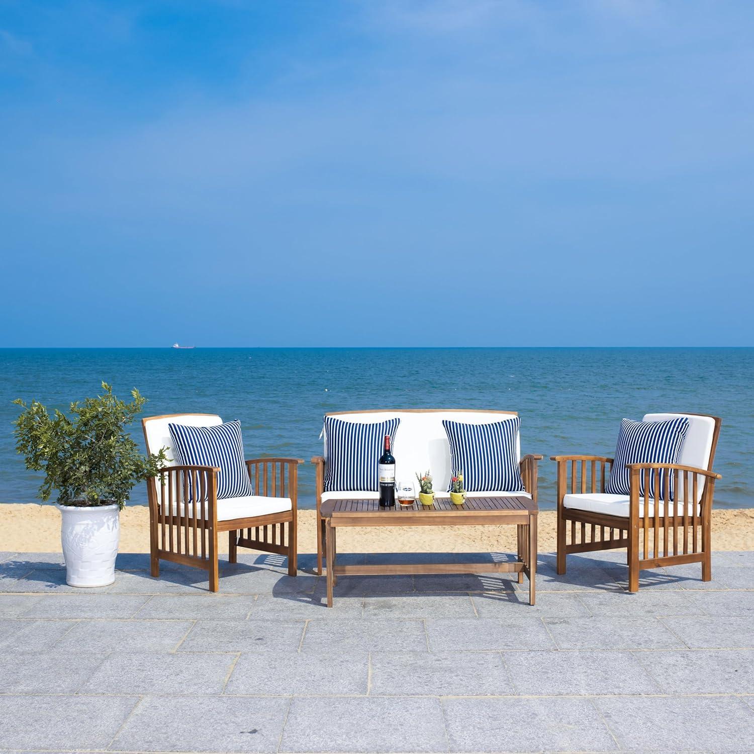 image:imageSAFAVIEH Outdoor Collection Rocklin Natural Green Cushion 4Piece Conversation Patio SetNaturalBeigeThinstripe