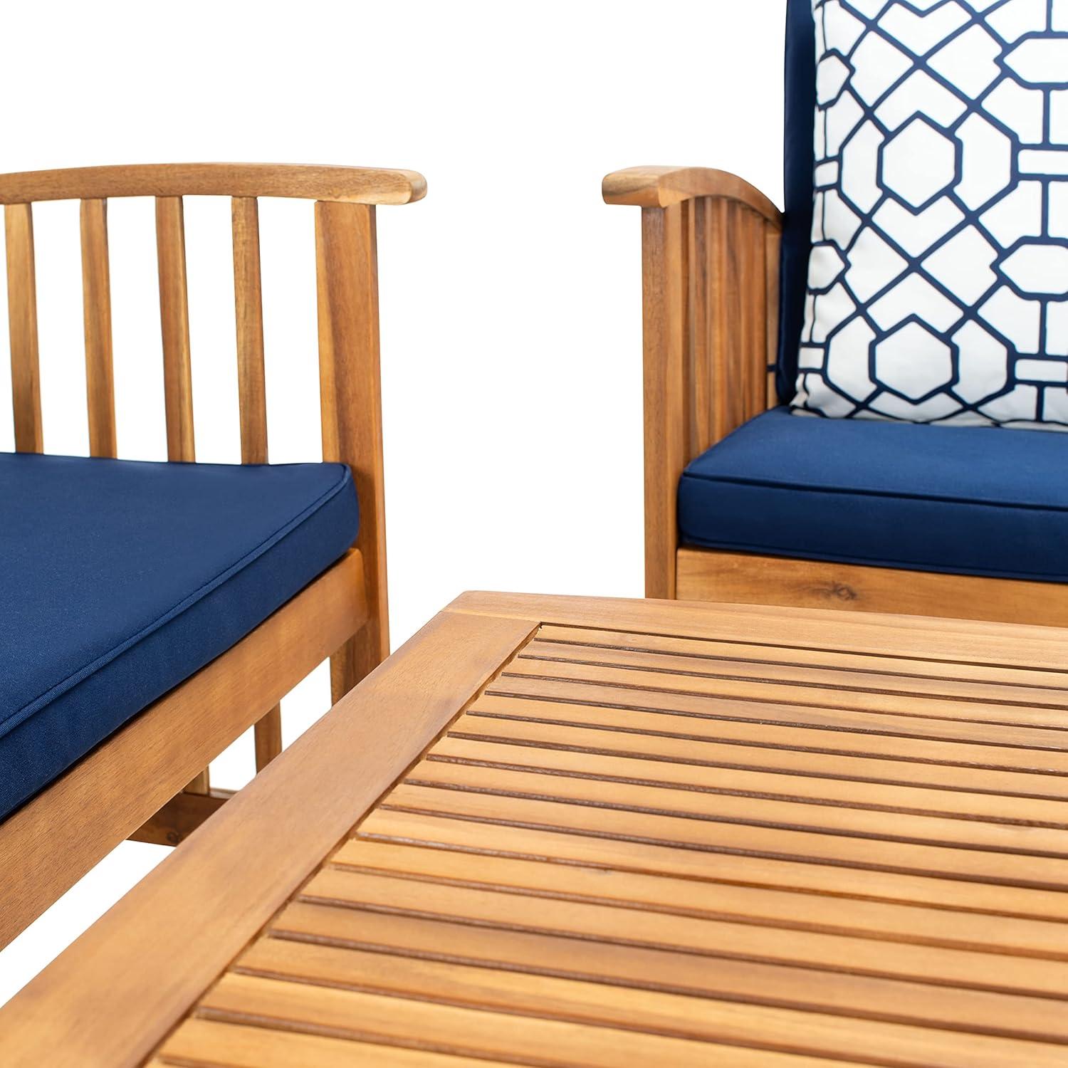 image:imageSAFAVIEH Outdoor Collection Rocklin Natural Green Cushion 4Piece Conversation Patio SetNaturalNavyblue