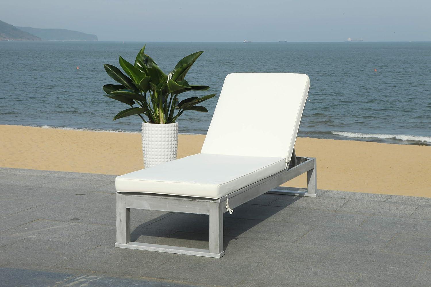image:imageSAFAVIEH Outdoor Collection Solano Natural Brown Solid WoodBlack Cushion Patio Adjustable Chaise Lounge Chair PAT7024FGreyBeige