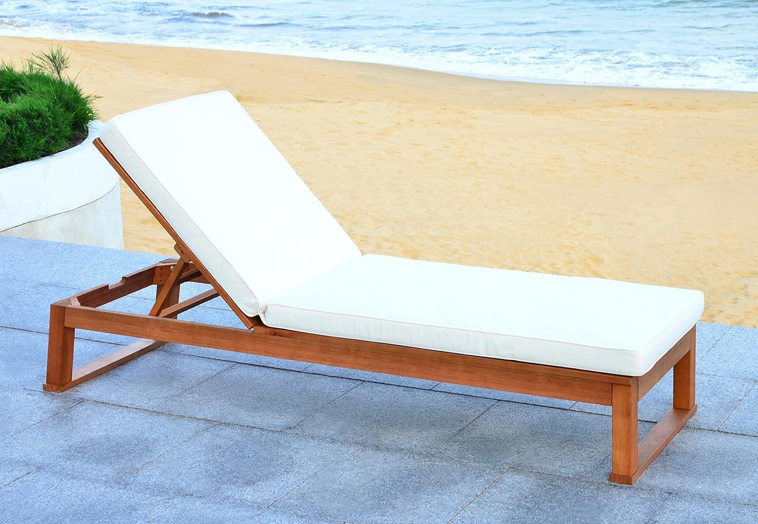 image:imageSAFAVIEH Outdoor Collection Solano Natural Brown Solid WoodBlack Cushion Patio Adjustable Chaise Lounge Chair PAT7024FNaturalBeige