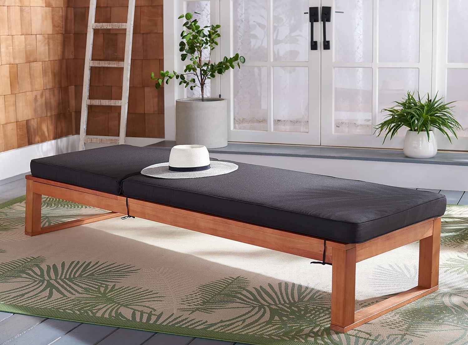 image:imageSAFAVIEH Outdoor Collection Solano Natural Brown Solid WoodBlack Cushion Patio Adjustable Chaise Lounge Chair PAT7024FNaturalBlack