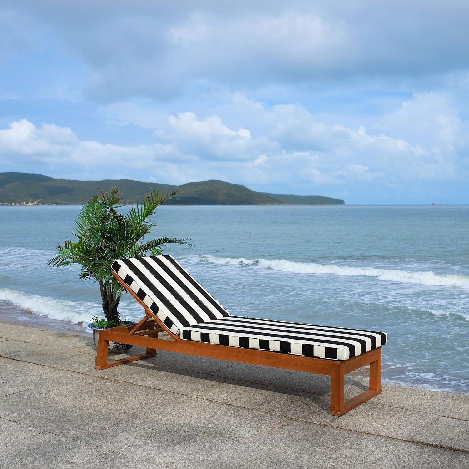 image:imageSAFAVIEH Outdoor Collection Solano Natural Brown Solid WoodBlack Cushion Patio Adjustable Chaise Lounge Chair PAT7024FNaturalBlack Stripe