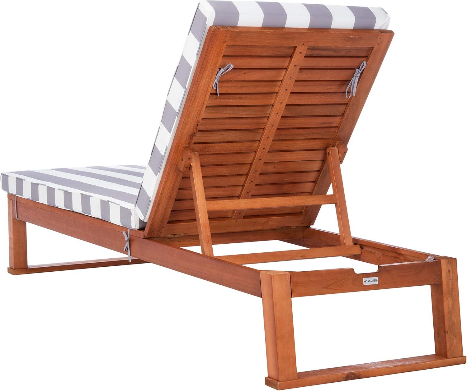 image:imageSAFAVIEH Outdoor Collection Solano Natural Brown Solid WoodBlack Cushion Patio Adjustable Chaise Lounge Chair PAT7024FNaturalGrey Stripe