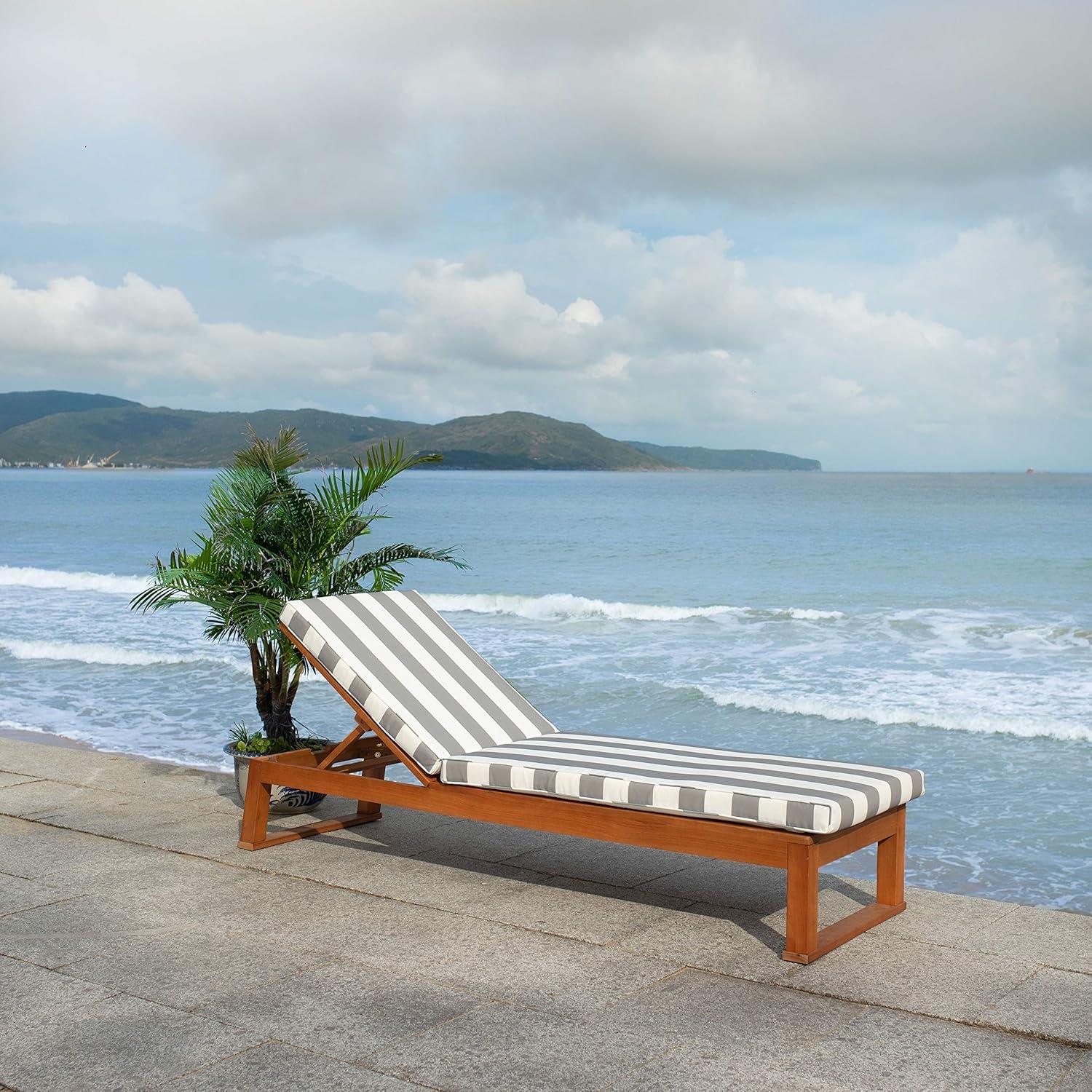 image:imageSAFAVIEH Outdoor Collection Solano Natural Brown Solid WoodBlack Cushion Patio Adjustable Chaise Lounge Chair PAT7024FNaturalGrey Stripe