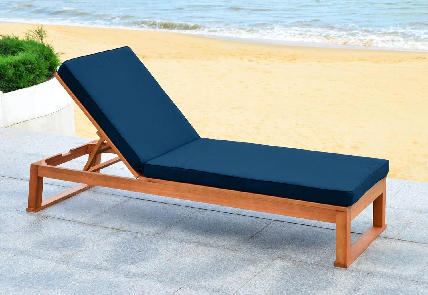 image:imageSAFAVIEH Outdoor Collection Solano Natural Brown Solid WoodBlack Cushion Patio Adjustable Chaise Lounge Chair PAT7024FNaturalNavy