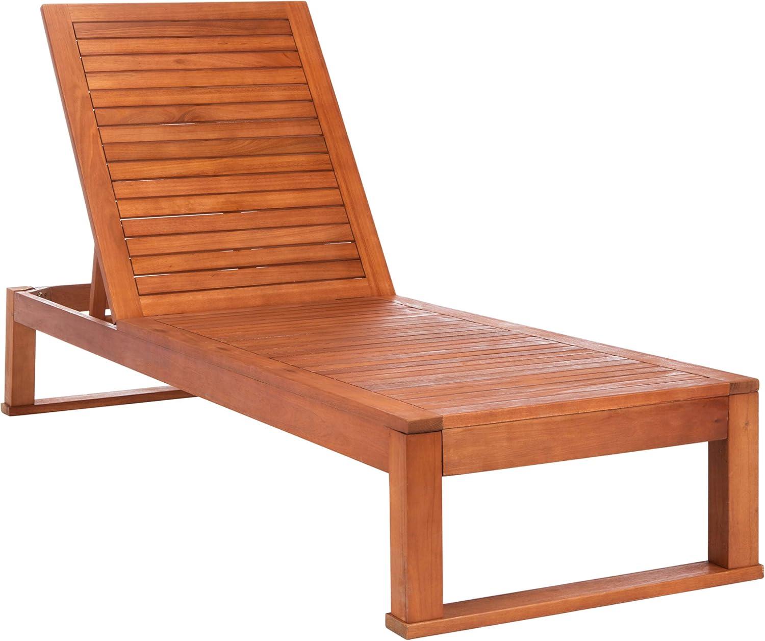 image:imageSAFAVIEH Outdoor Collection Solano Natural Brown Solid WoodBlack Cushion Patio Adjustable Chaise Lounge Chair PAT7024FNaturalNavy Stripe