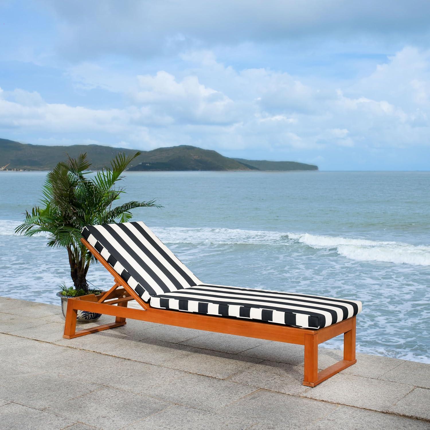 image:imageSAFAVIEH Outdoor Collection Solano Natural Brown Solid WoodBlack Cushion Patio Adjustable Chaise Lounge Chair PAT7024FNaturalNavy Stripe